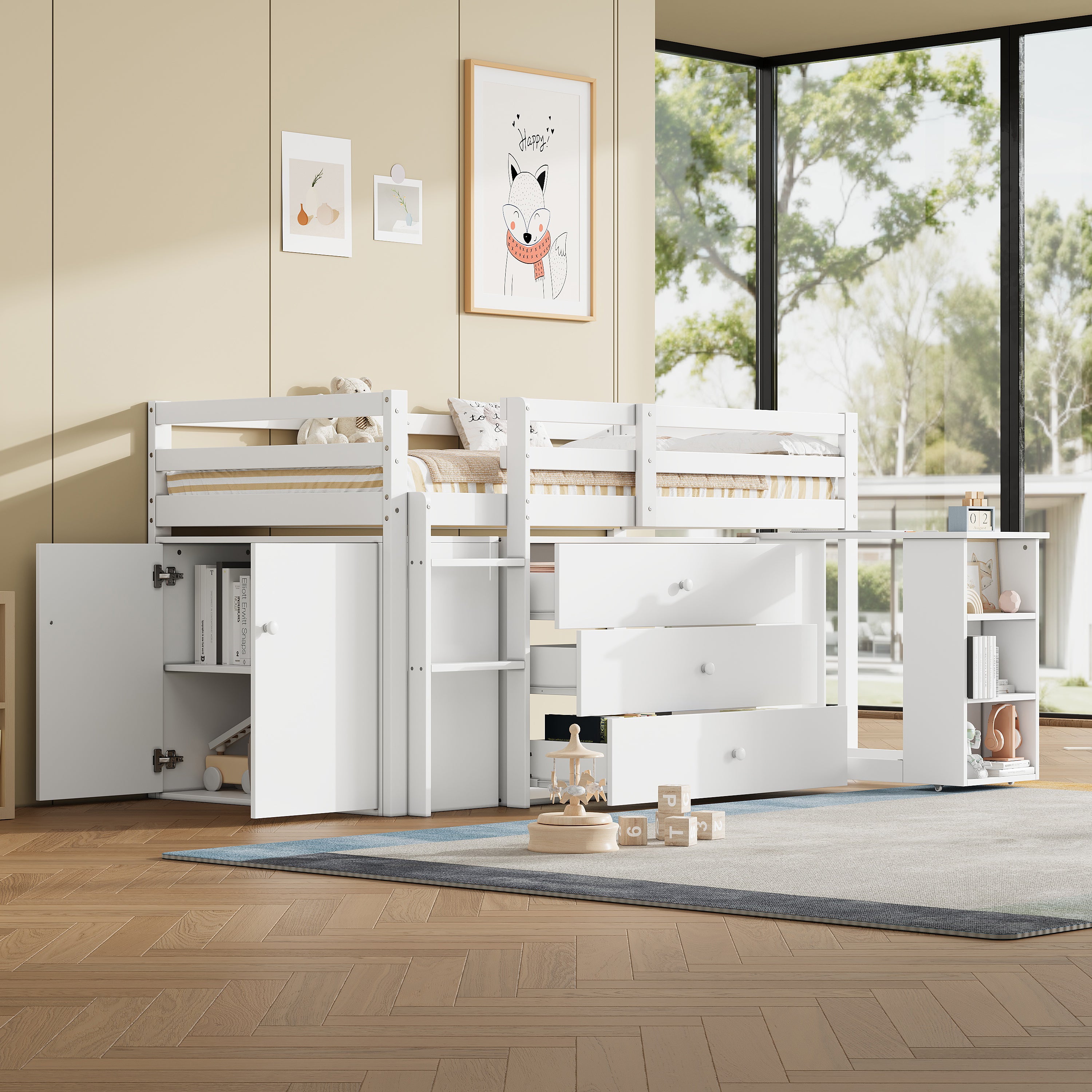 3ft Single Modern Wood Bed With Ll-out Desk, Wooden Children's Cabin Bed With 3 Drawers, Storage Cabinet & Shelves, Flexible Two-way Installation, Space-saving Loft Bed, White No Mattress