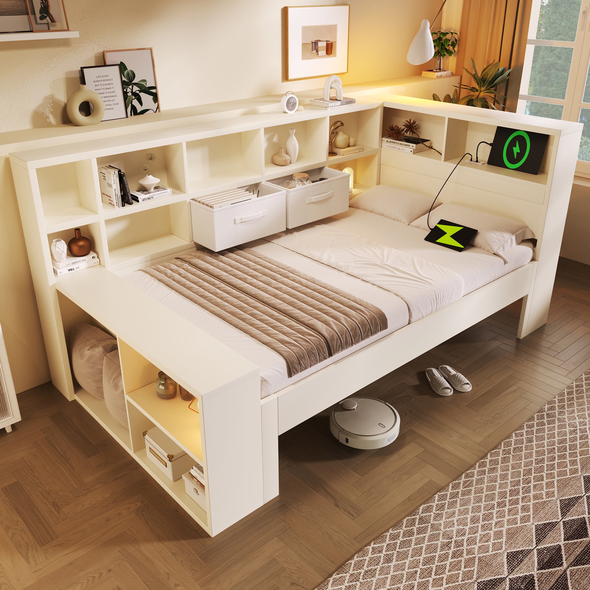 Single Daybed With Storage  USB Type C Port, 3FT Platform Bed With Bookcase, 90 X190 Cm Multi-functional Wooden Bed Frame For Living Room Bedroom, White No Mattress