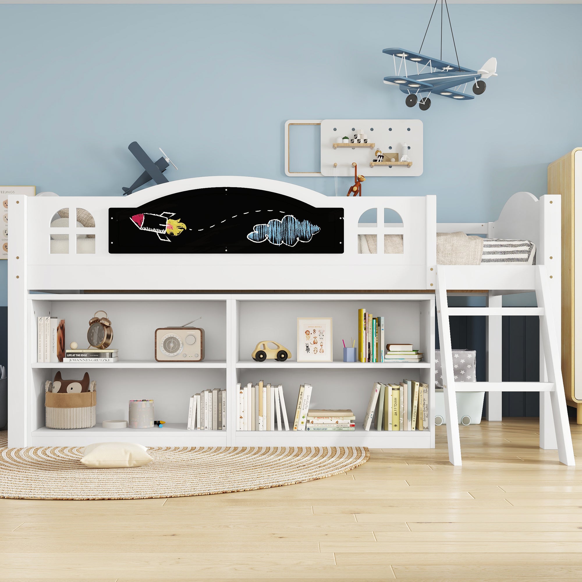 Wooden Bed, Storage Bed, Includes A Blackboard For Graffiti, 3ft Single Bed 90x190cm, Two-step Inclined Staircase, Includes Storage Cabinets, Pine-MDF-PB-Plywood, White