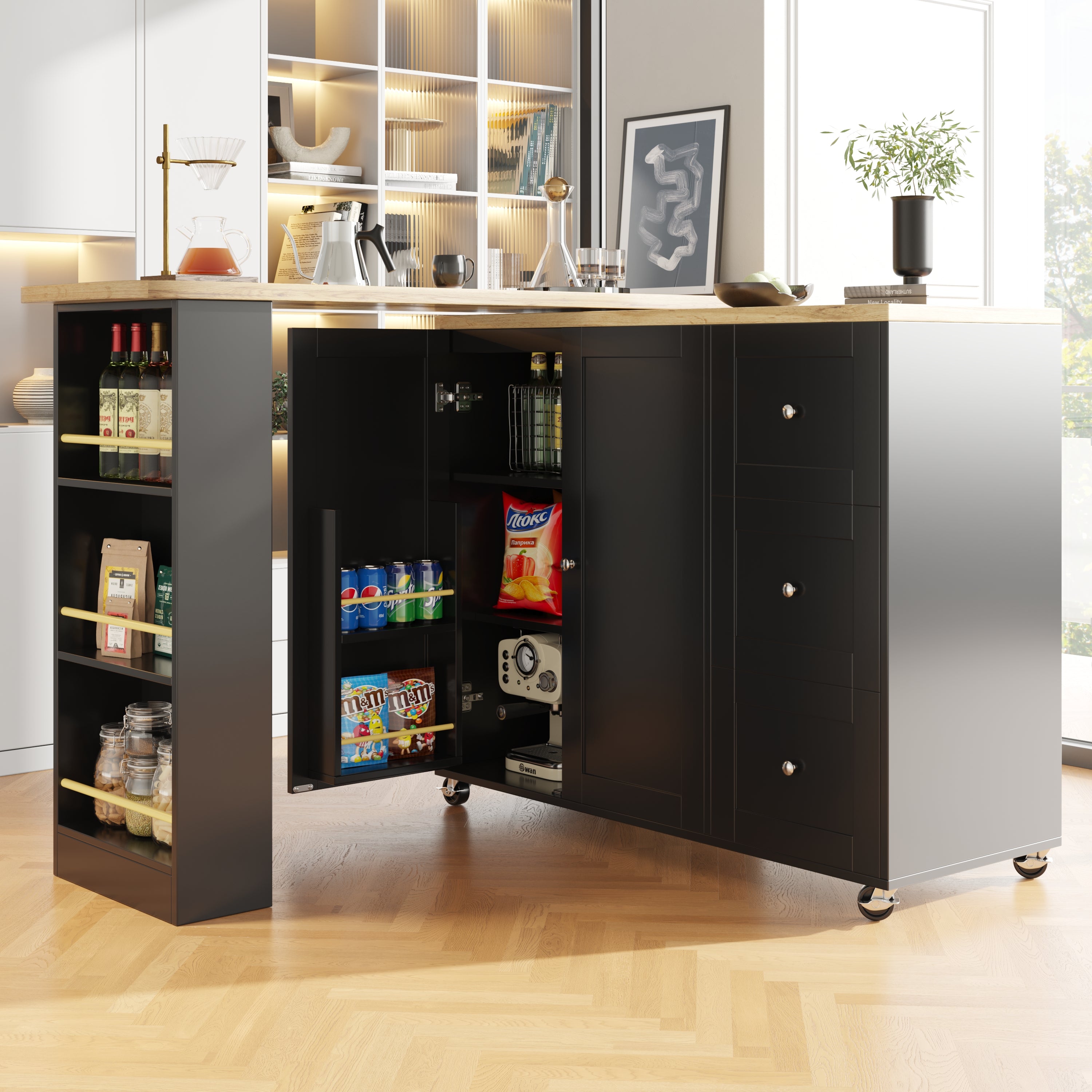 360 Swivelling Dining Table 138-209 X 39 X 106 Cm On Castors, Bar Table, Black, With Three Drawers And Snack Rack, Multifunctional Storage Island, Suitable For Kitchen And Living Room.