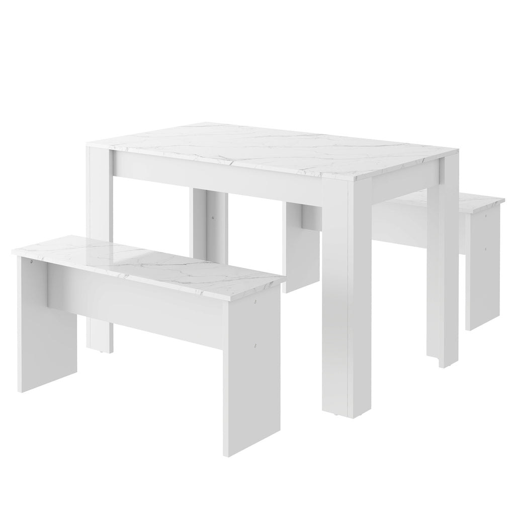 Dining Table With 2 Benches Dining Table Set For Kitchen, Dining Room, Small Space Artificial Marble White
