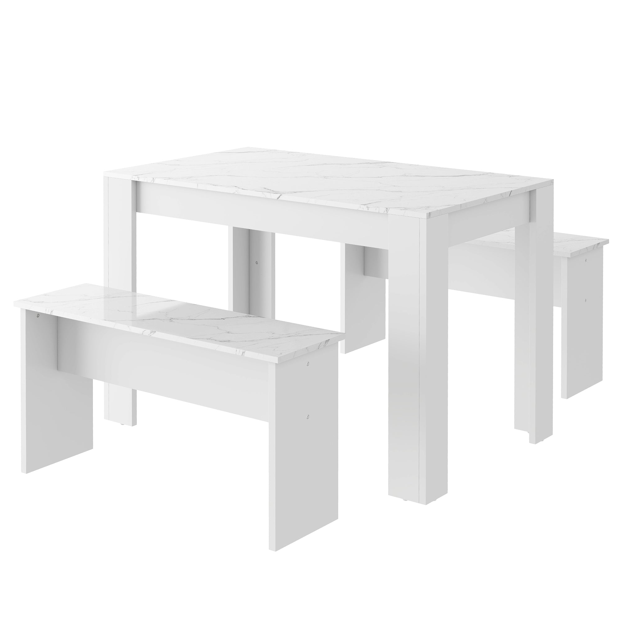 Dining Table With 2 Benches Dining Table Set For Kitchen, Dining Room, Small Space Artificial Marble White