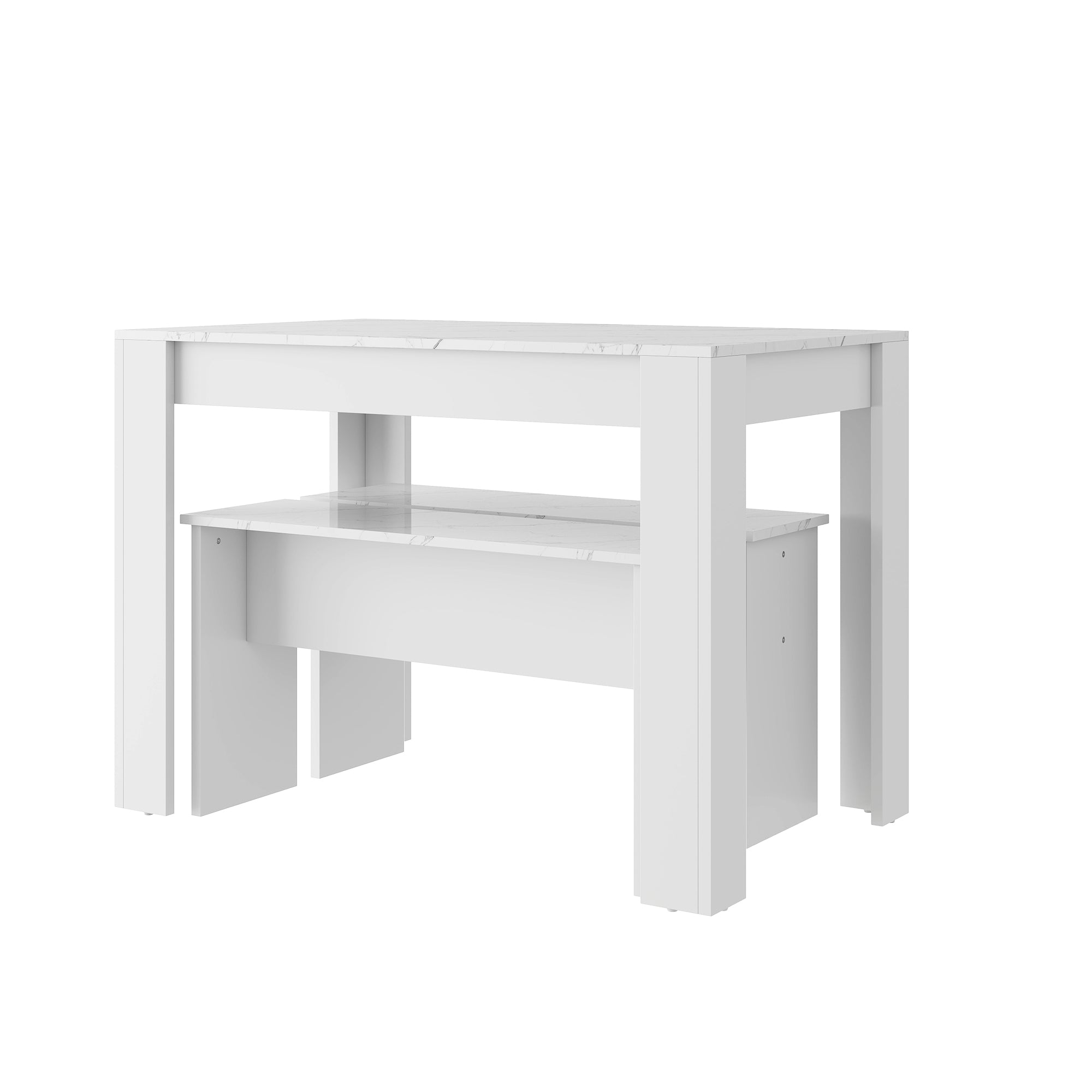 Dining Table With 2 Benches Dining Table Set For Kitchen, Dining Room, Small Space Artificial Marble White