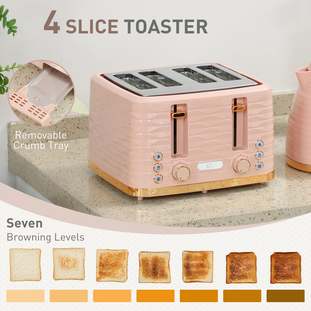 3000W 1.7L Kettle & 4 Slice Toaster, Kettle And Toaster Set With 7 Browning Controls And Crumb Tray, Light Pink