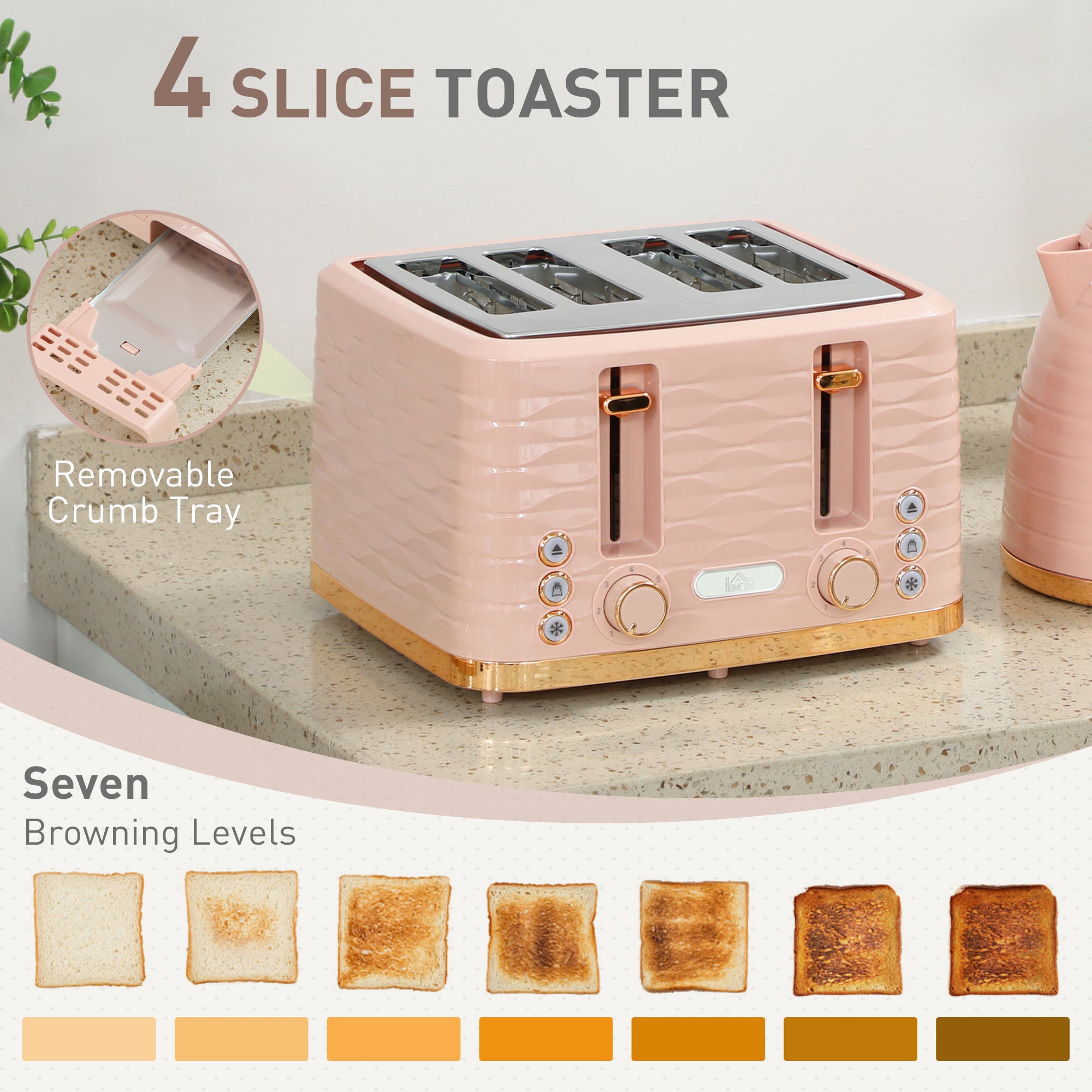 3000W 1.7L Kettle & 4 Slice Toaster, Kettle And Toaster Set With 7 Browning Controls And Crumb Tray, Light Pink