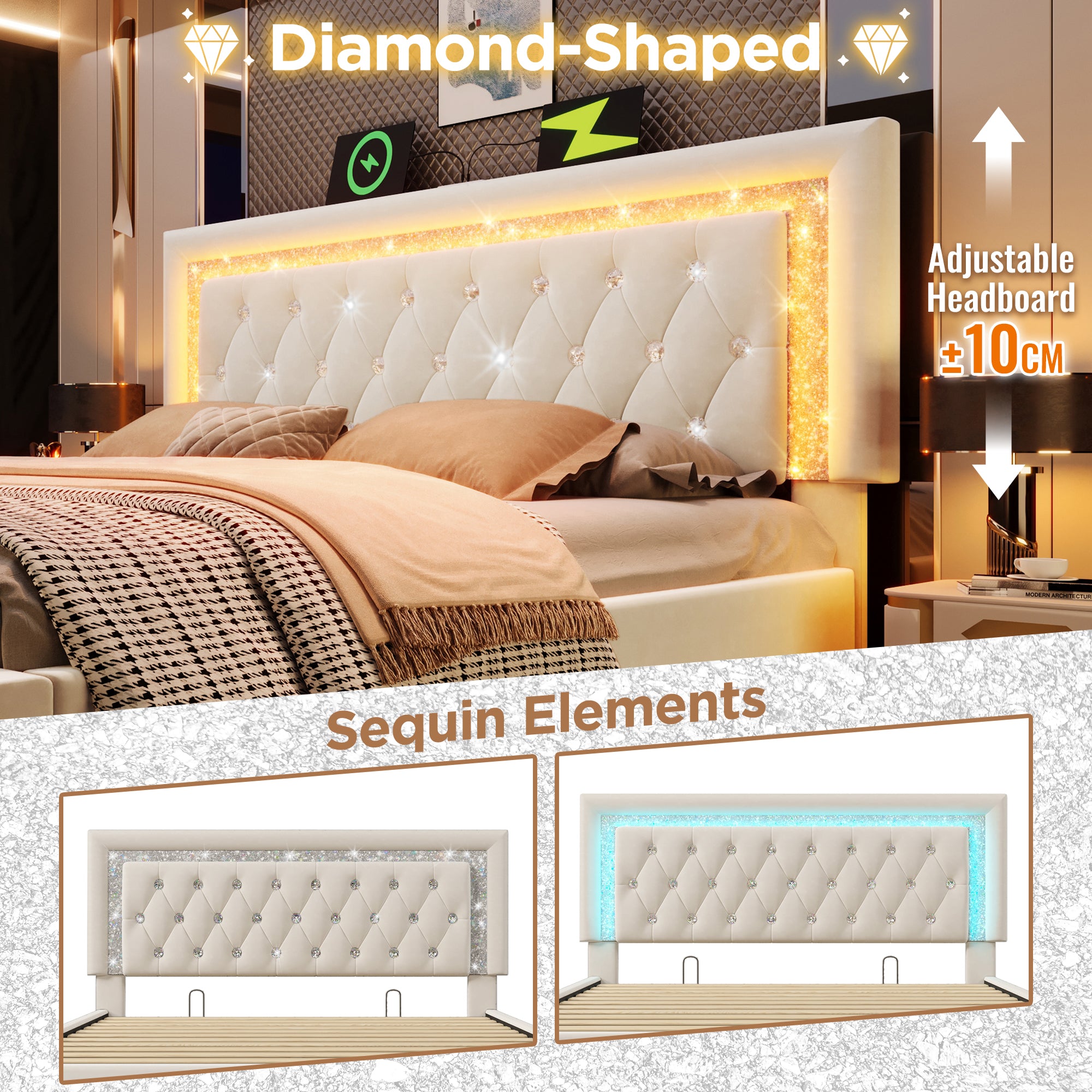 Upholstered Bed 135 X 190 Cm With LED Lighting, USB Type-C Charging, 4ft6 Hydraulic Storage Bed With Adjustable Diamond Tufted Headboard, Velvet, Beige No Mattress
