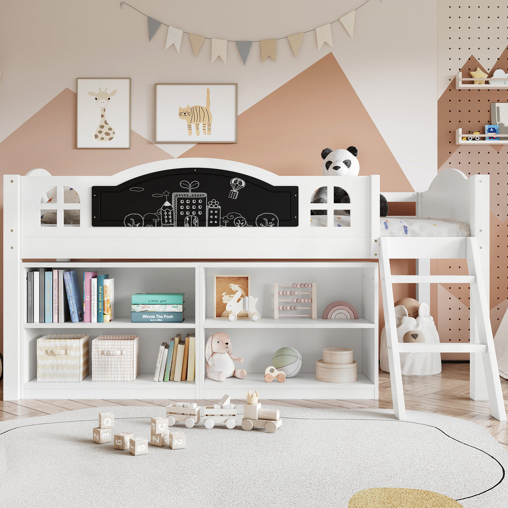 Wooden Bed, Storage Bed, Includes A Blackboard For Graffiti, 3ft Single Bed 90x190cm, Two-step Inclined Staircase, Includes Storage Cabinets, Pine-MDF-PB-Plywood, White