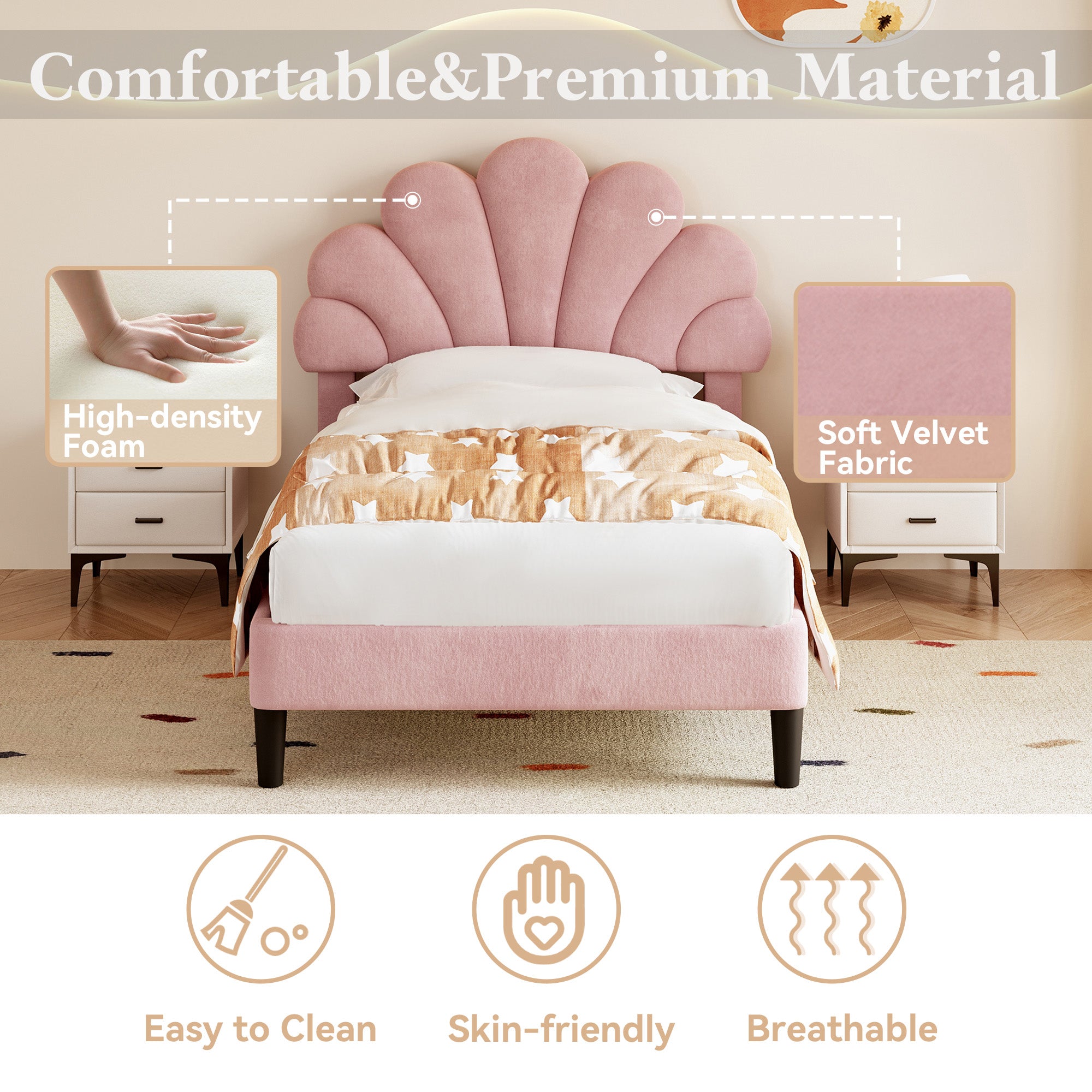 3ft Single Upholstered Velvet Bed Frame, With Adjustable Chic Petal Headboard, Velvet Platform Bed Frame With Solid Wood Slat, No Box Spring Needed, Easy Assembly