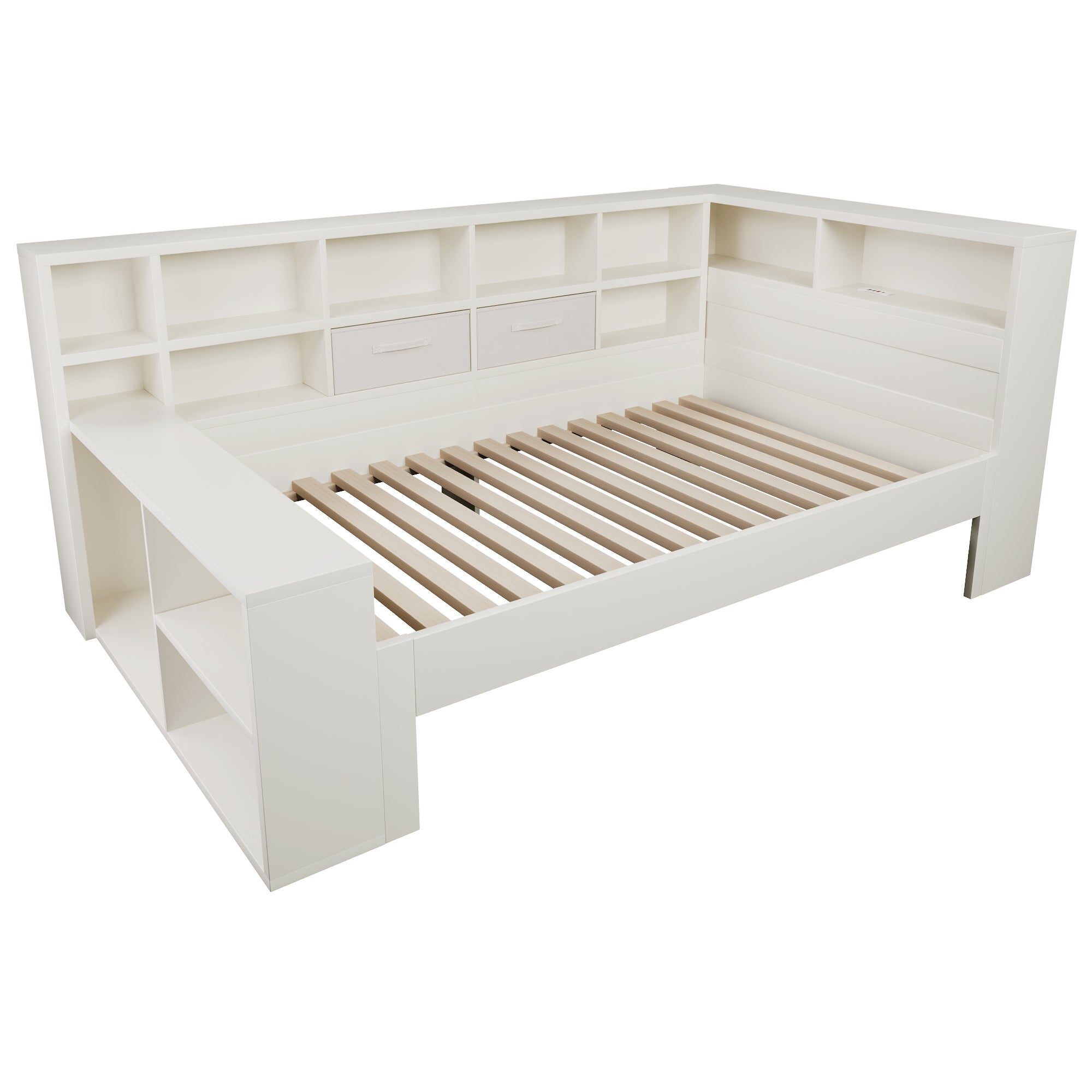 Single Daybed With Storage  USB Type C Port, 3FT Platform Bed With Bookcase, 90 X190 Cm Multi-functional Wooden Bed Frame For Living Room Bedroom, White No Mattress