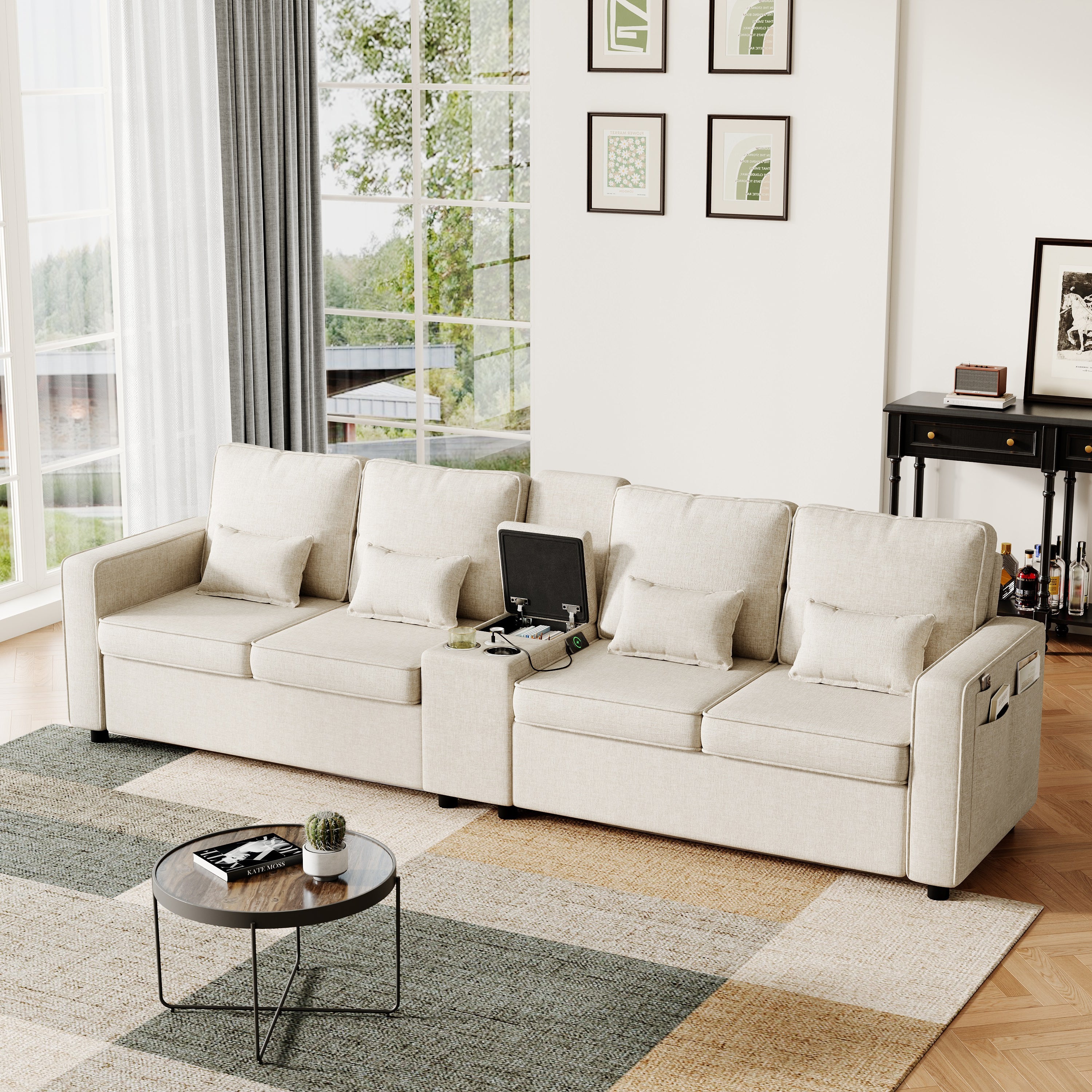 4-Seater Modern Sofa With Storage Console, Minimalist Style Couch With Side Pockets, Cup Holders And Charging Ports USB & Type-C For Living Room, Apartment, Office,Beige, Linen Fabric