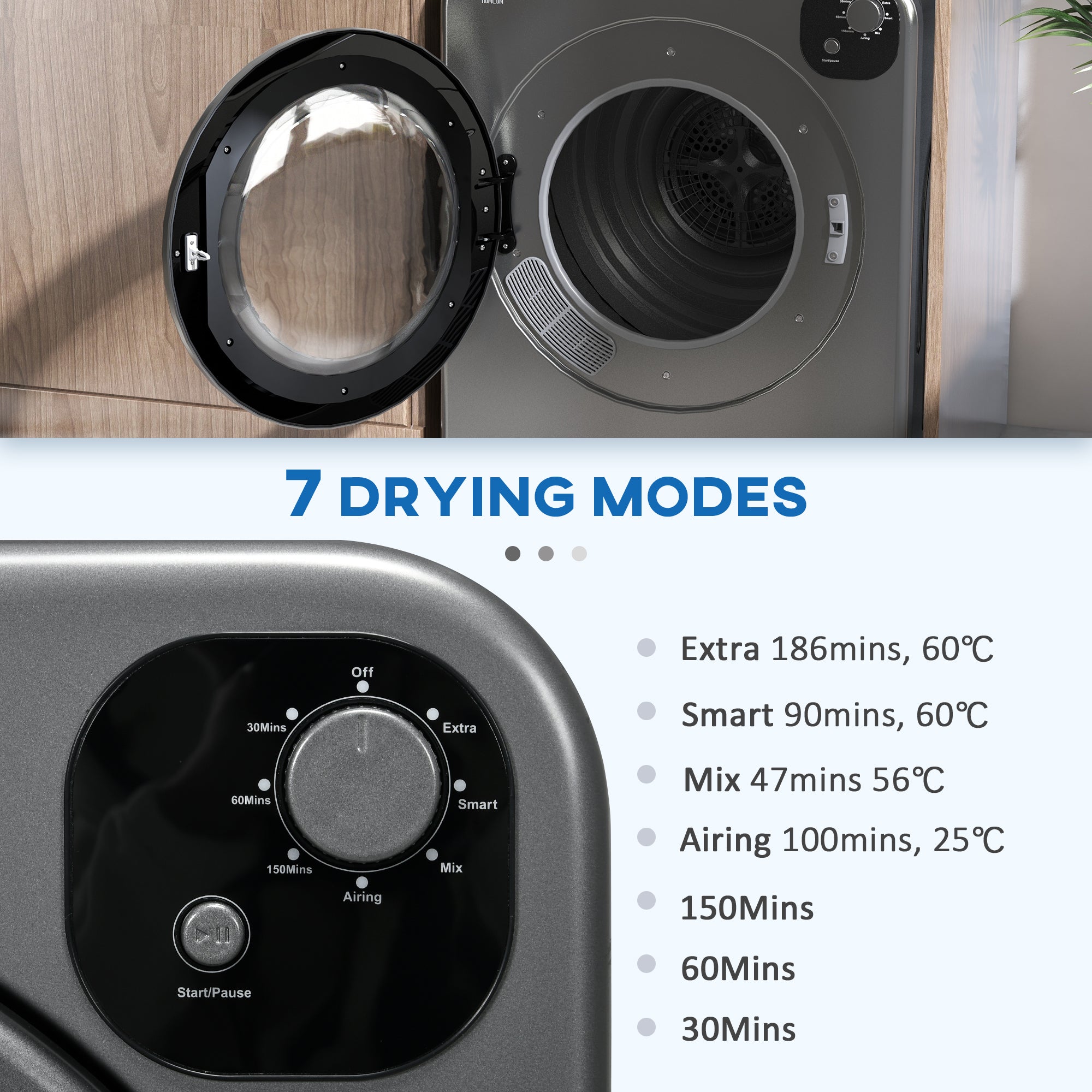 6kg Vented Tumble Dryer, Freestanding, Wall Mounted, Stackable, Portable Dryer With 7 Programmers, Grey