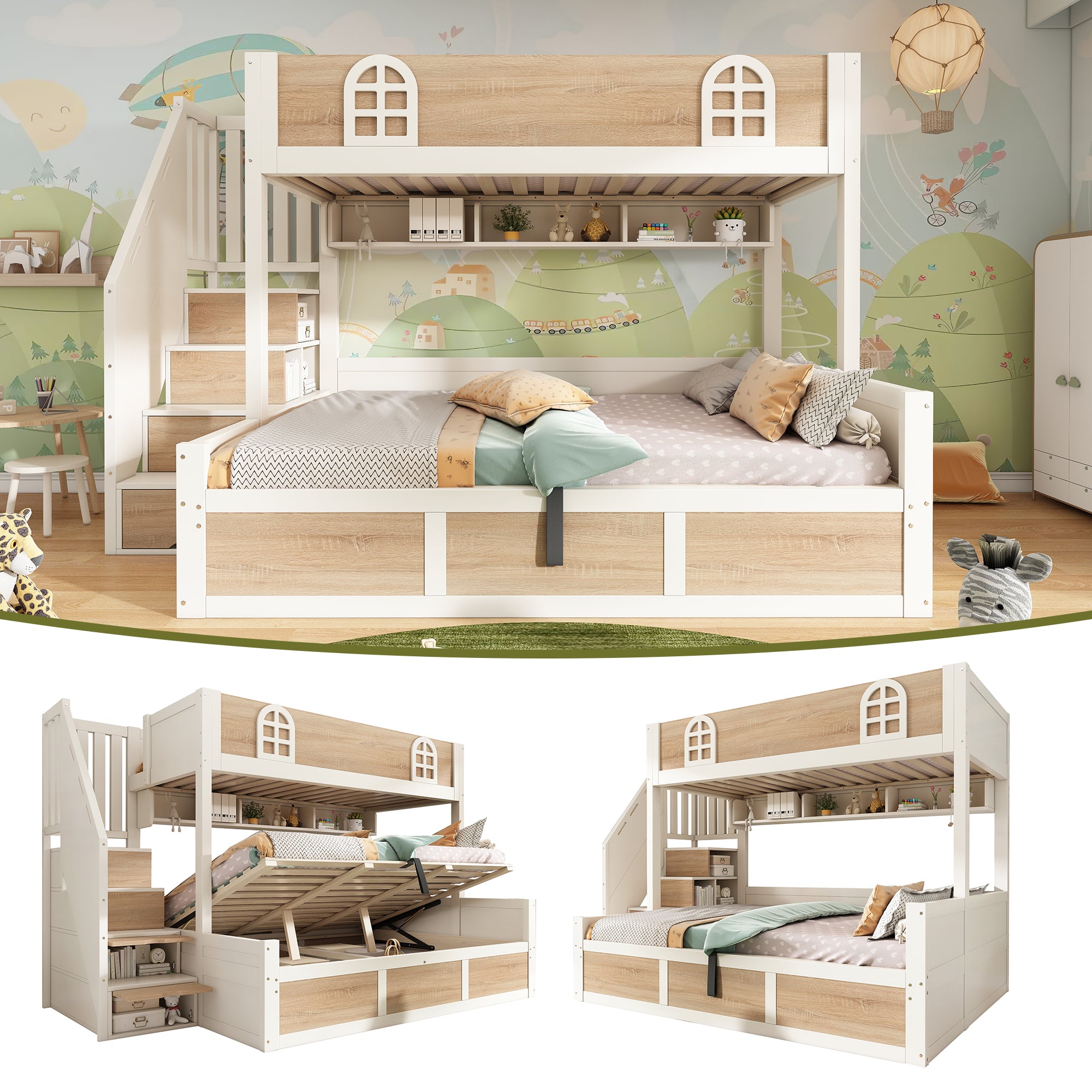 Bunk Beds For Kids, Staircase Bunk With Hydraulic Storage, Childrens Bed With Storage Cube, Double Bunk Bed For Family With Multiple Children, 90-135 X 190 Cm, Solid Wood, White  Natural
