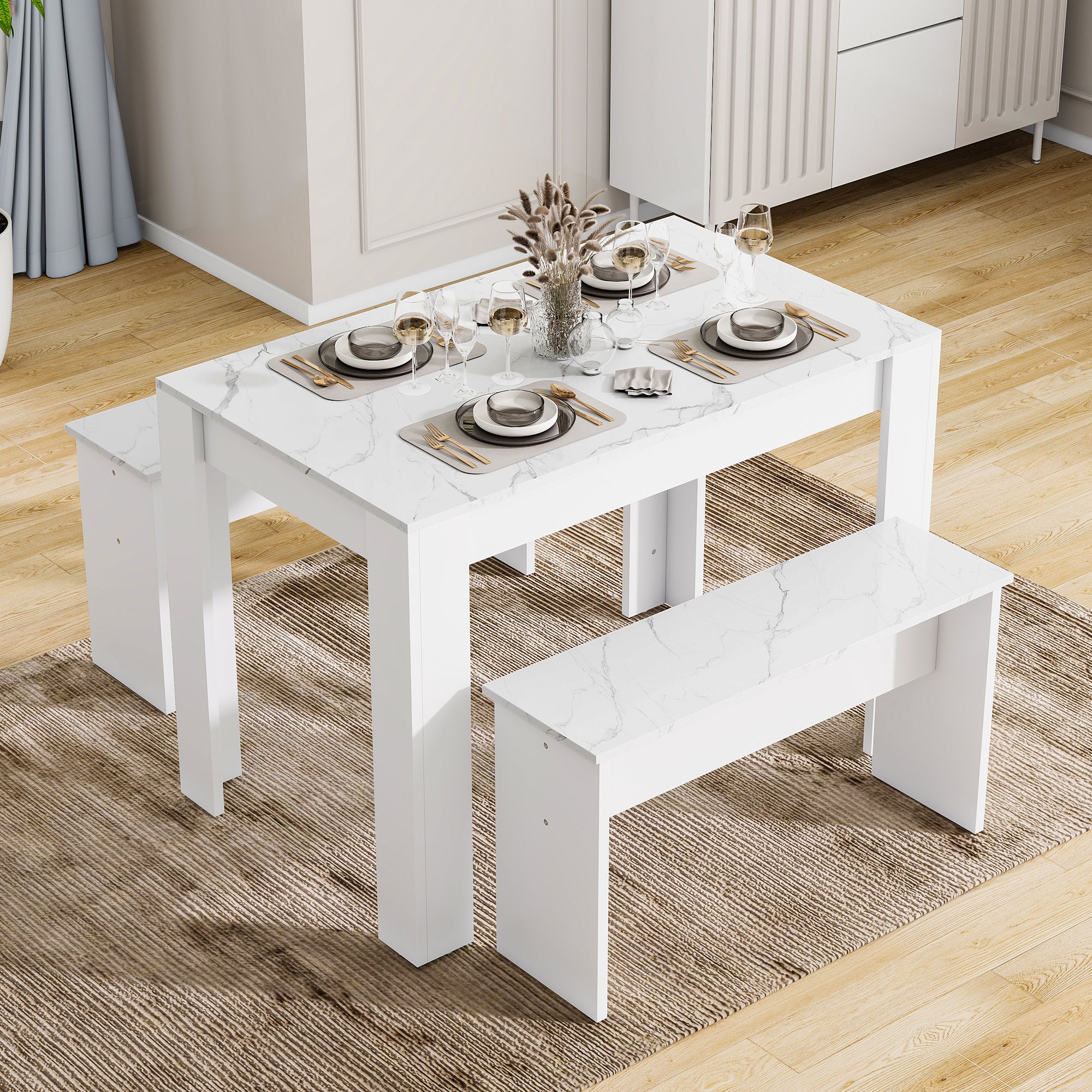 Dining Table With 2 Benches Dining Table Set For Kitchen, Dining Room, Small Space Artificial Marble White