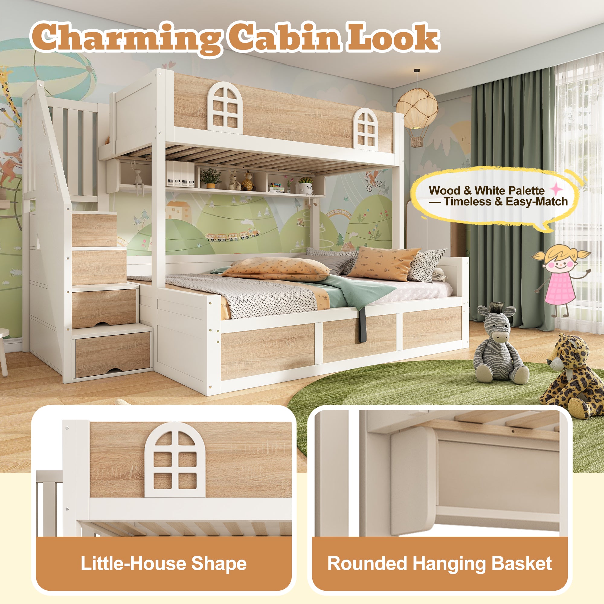 Bunk Beds For Kids, Staircase Bunk With Hydraulic Storage, Childrens Bed With Storage Cube, Double Bunk Bed For Family With Multiple Children, 90-135 X 190 Cm, Solid Wood, White  Natural