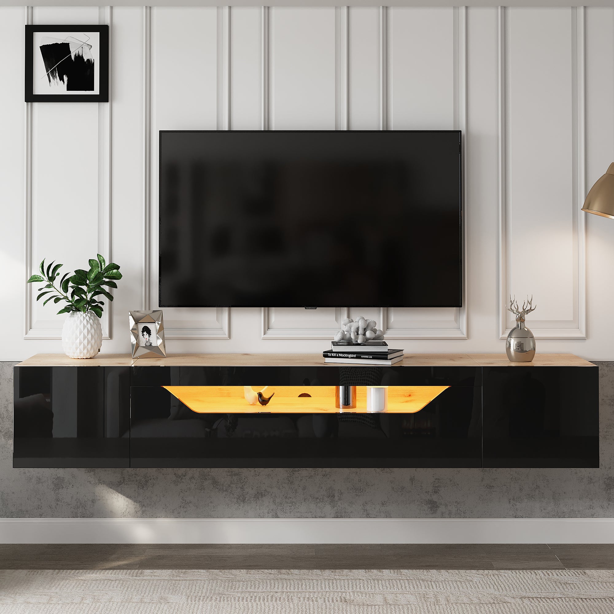 Floating TV Stand Cabinet With LED Lights, High Gloss TV Unit With Ll-Down Door, Wall Mounted TV Entertainment Center With 2doors, For Living Room Bedroom, 180x37x36cm, Black, Holds TVs Up To 75
