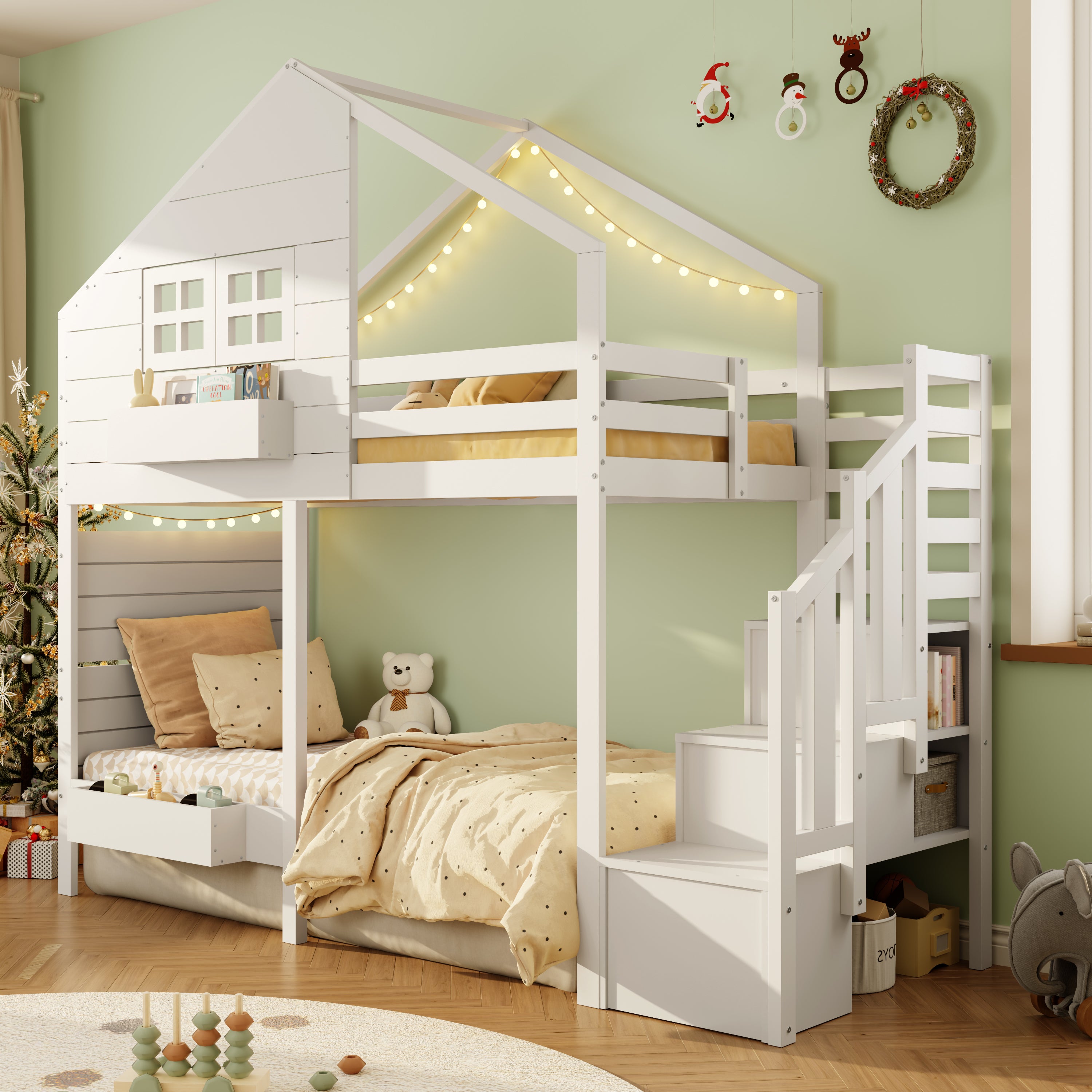 Bunk Bed, Loft Bed, Children's Bed 90x190cm With Fall Protection And Storage Stairs, Youth Bed, With Window, Solid Wood, White