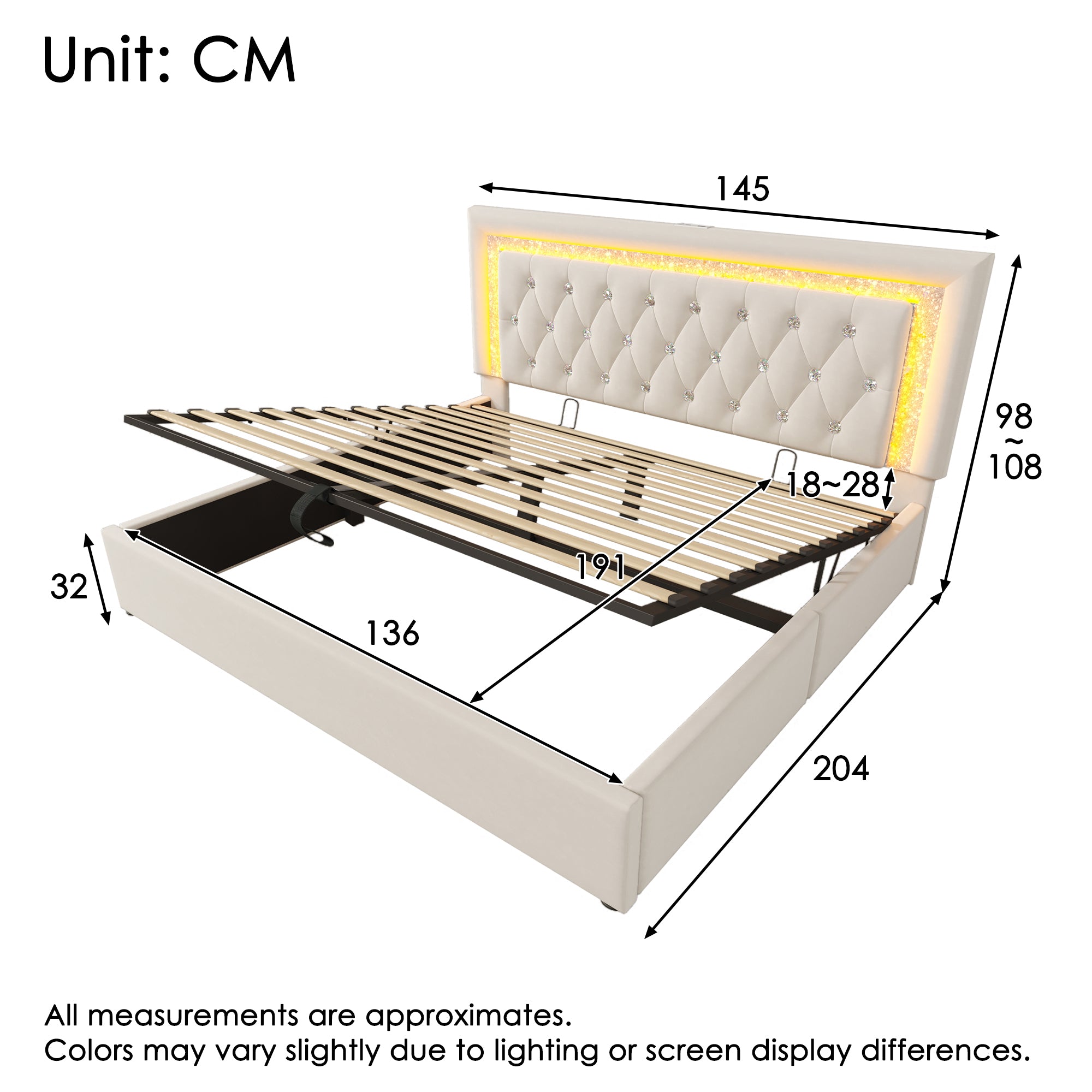 Upholstered Bed 135 X 190 Cm With LED Lighting, USB Type-C Charging, 4ft6 Hydraulic Storage Bed With Adjustable Diamond Tufted Headboard, Velvet, Beige No Mattress