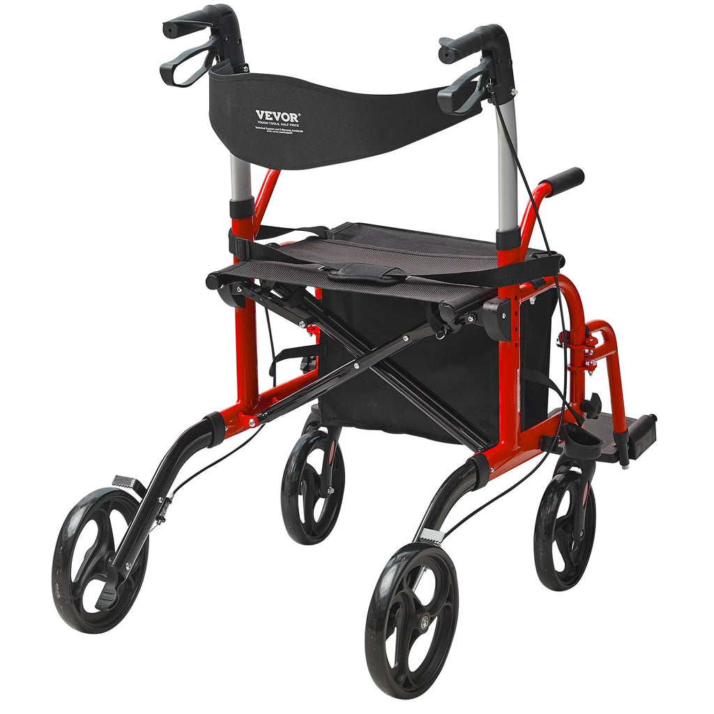 2 In 1 Rollator Walker & Transport Chair For Seniors, Folding Rolling Walker Wheelchair Combo & Footrests, Lightweight Aluminum Mobility Walker With Adjustable Handle, All Terrain Wheels, 136 Kg