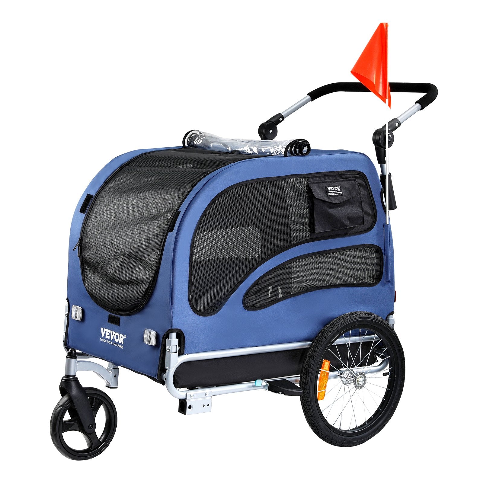 Dog Bike Trailer, Supports Up To 100 Lbs, 2-in-1 Pet Stroller Cart Bicycle Carrier, Easy Folding Cart Frame With Quick Release Wheels, Universal Bicycle Coupler, Reflectors, Flag, Blue/Black