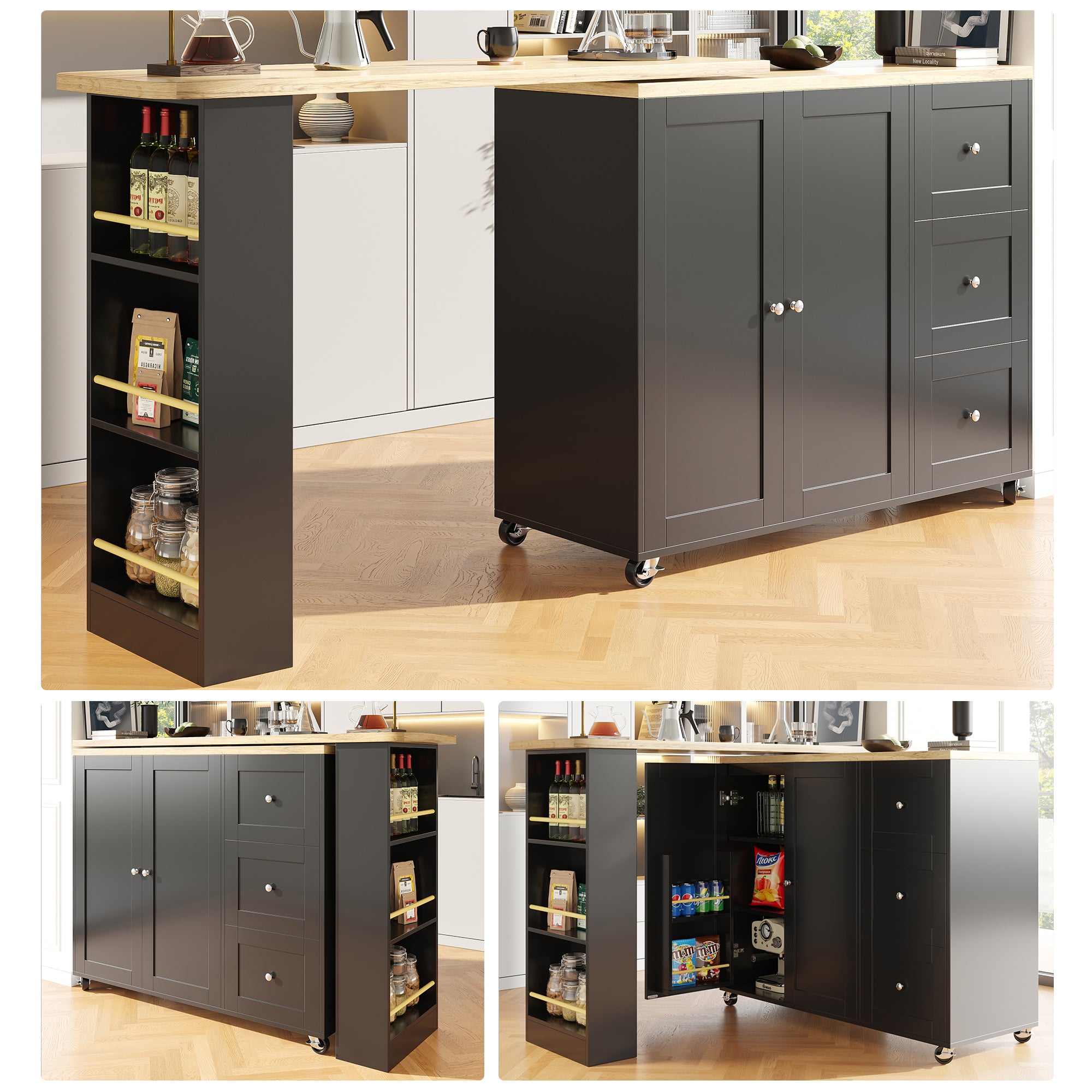 360 Swivelling Dining Table 138-209 X 39 X 106 Cm On Castors, Bar Table, Black, With Three Drawers And Snack Rack, Multifunctional Storage Island, Suitable For Kitchen And Living Room.