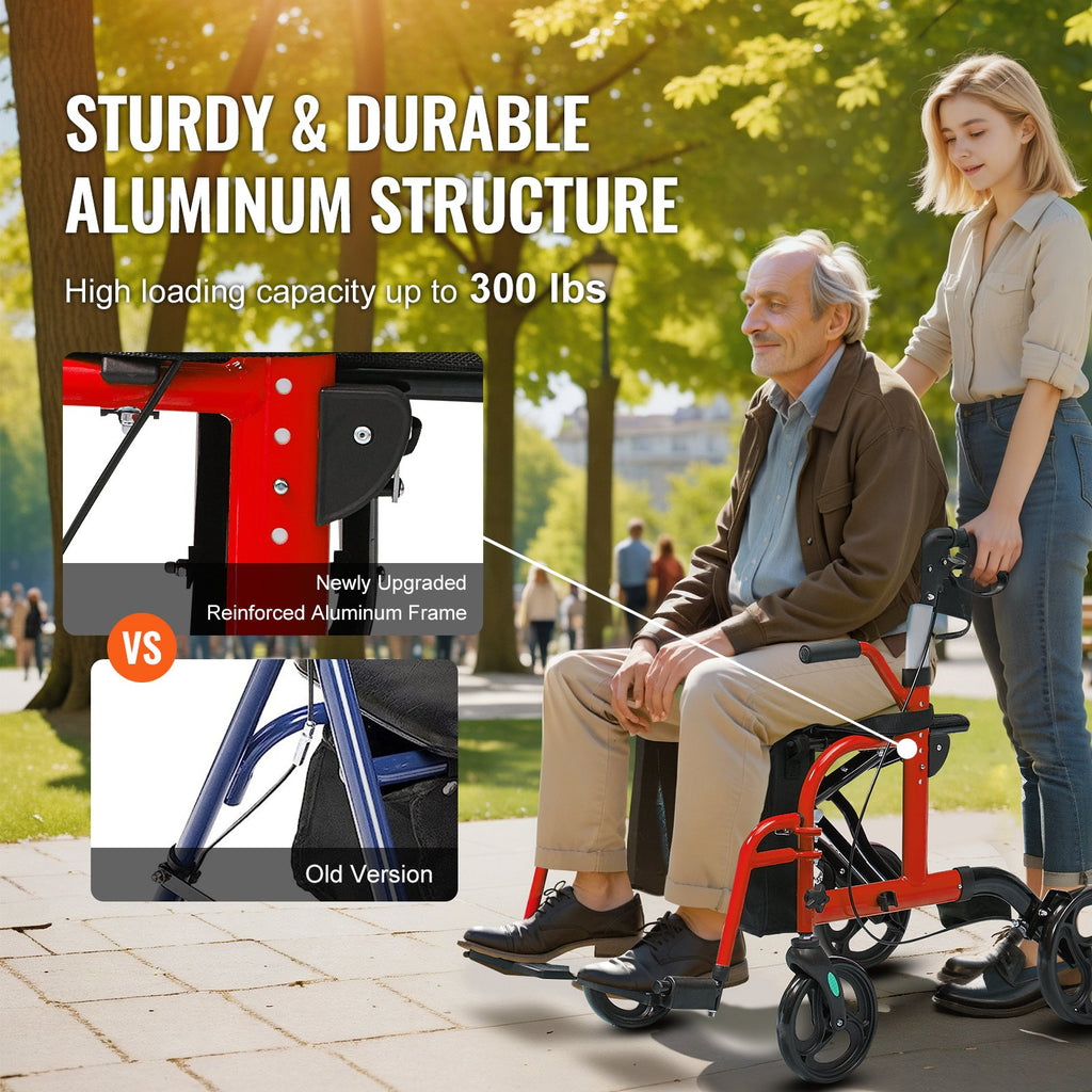 2 In 1 Rollator Walker & Transport Chair For Seniors, Folding Rolling Walker Wheelchair Combo & Footrests, Lightweight Aluminum Mobility Walker With Adjustable Handle, All Terrain Wheels, 136 Kg