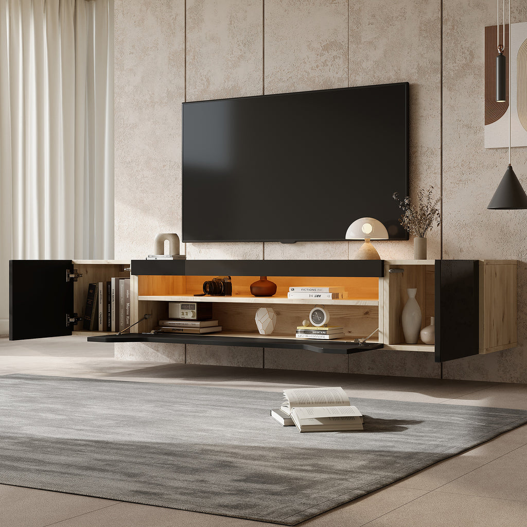 Floating TV Stand Cabinet With LED Lights, High Gloss TV Unit With Ll-Down Door, Wall Mounted TV Entertainment Center With 2doors, For Living Room Bedroom, 180x37x36cm, Black, Holds TVs Up To 75