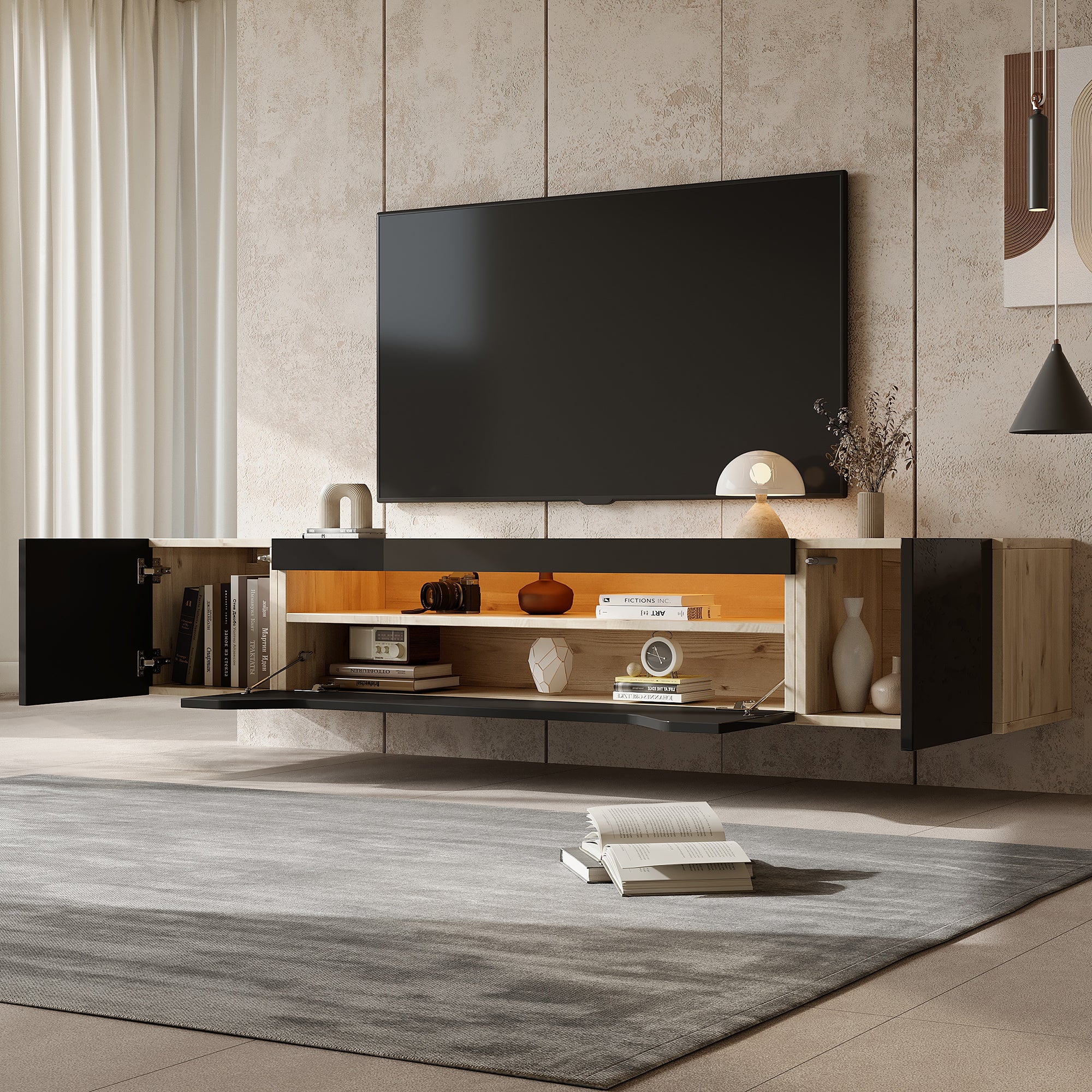 Floating TV Stand Cabinet With LED Lights, High Gloss TV Unit With Ll-Down Door, Wall Mounted TV Entertainment Center With 2doors, For Living Room Bedroom, 180x37x36cm, Black, Holds TVs Up To 75