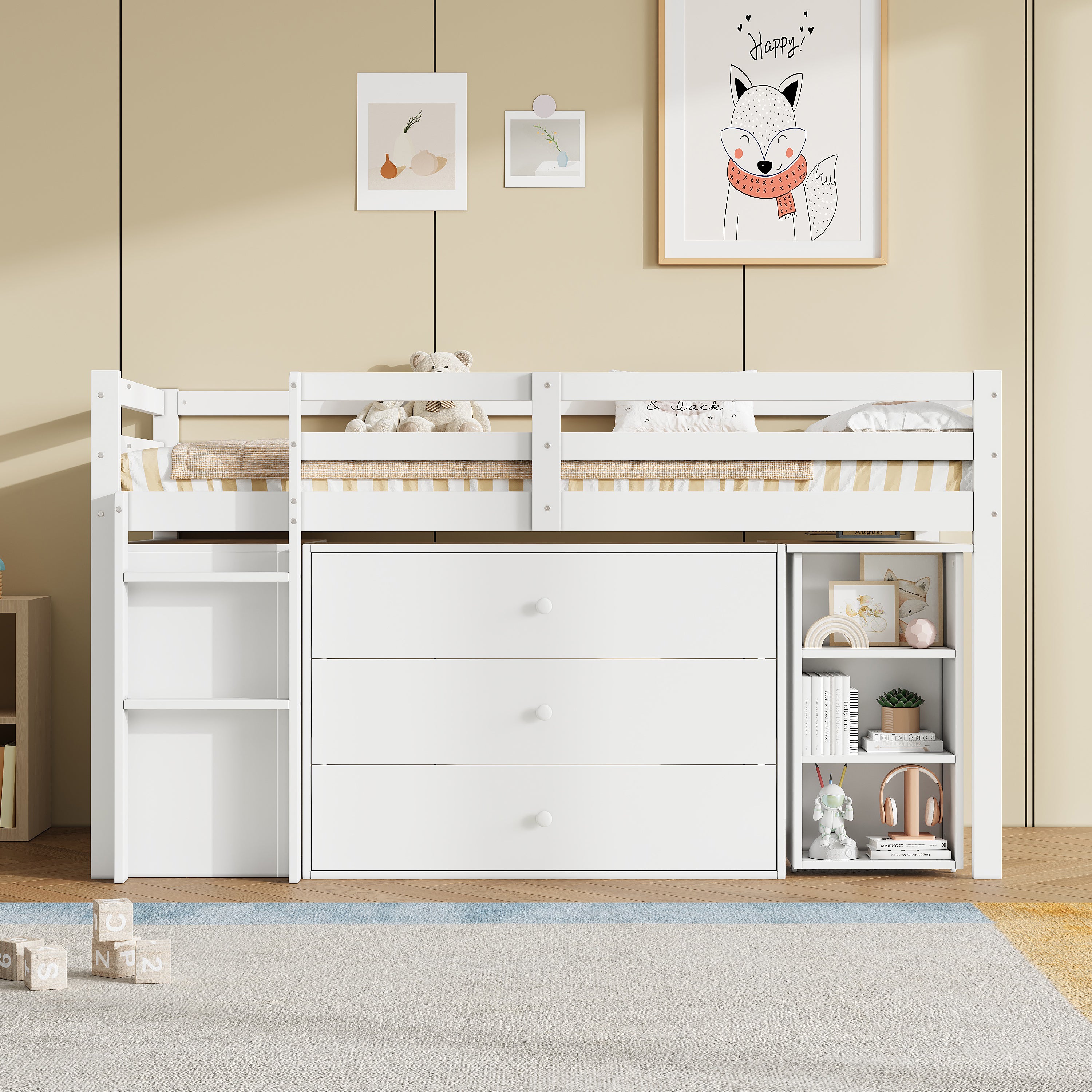3ft Single Modern Wood Bed With Ll-out Desk, Wooden Children's Cabin Bed With 3 Drawers, Storage Cabinet & Shelves, Flexible Two-way Installation, Space-saving Loft Bed, White No Mattress