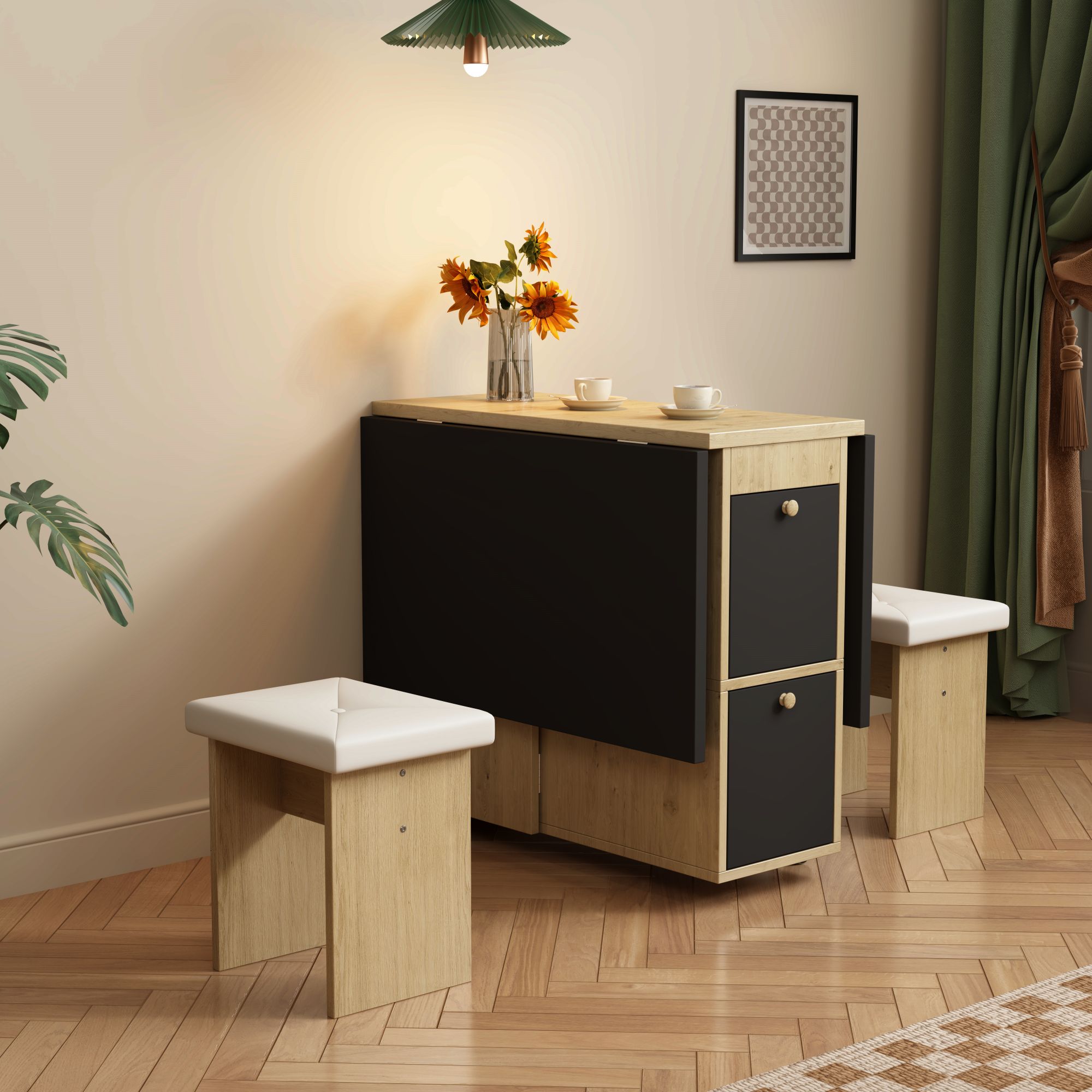 Dining Table Set With Dining Table, 4 Chairs, Folding Dining Table, 120x80x75cm, Extendable Dining Table, Multifunctional Extendable Dining Table, Dining Chairs, White -Oak - Black