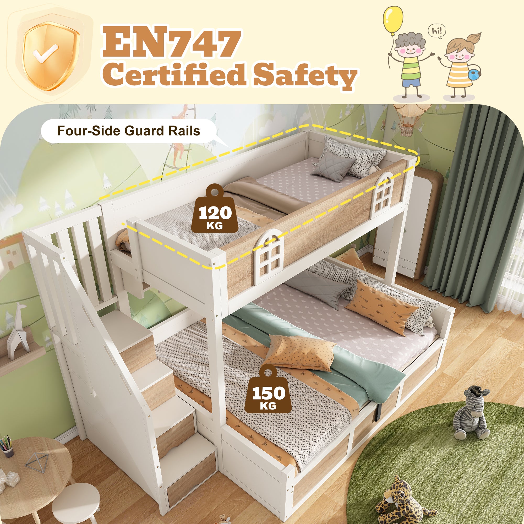 Bunk Beds For Kids, Staircase Bunk With Hydraulic Storage, Childrens Bed With Storage Cube, Double Bunk Bed For Family With Multiple Children, 90-135 X 190 Cm, Solid Wood, White  Natural