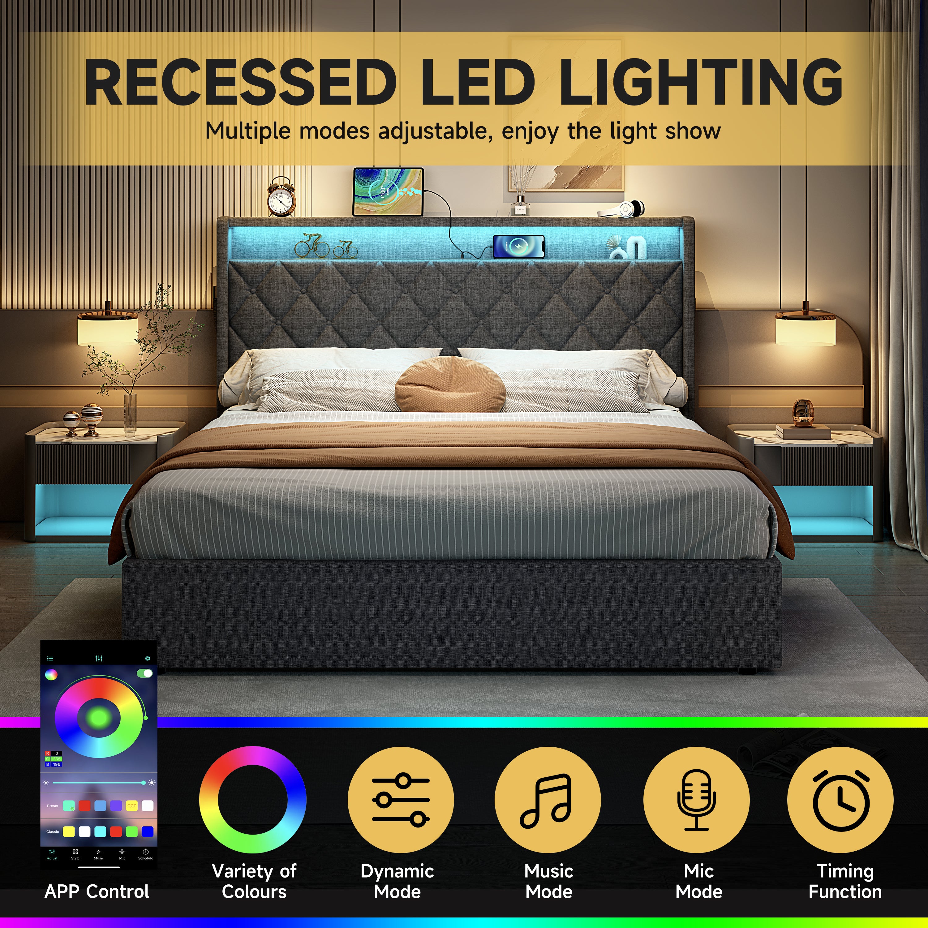 5ft King Upholstered Bed Frame With Hydraulic Storage, Linen Ottoman Bed With LED Lighting, Button Tufted Storage Headboard With Charging Station, No Box Spring Needed, Grey No Mattress