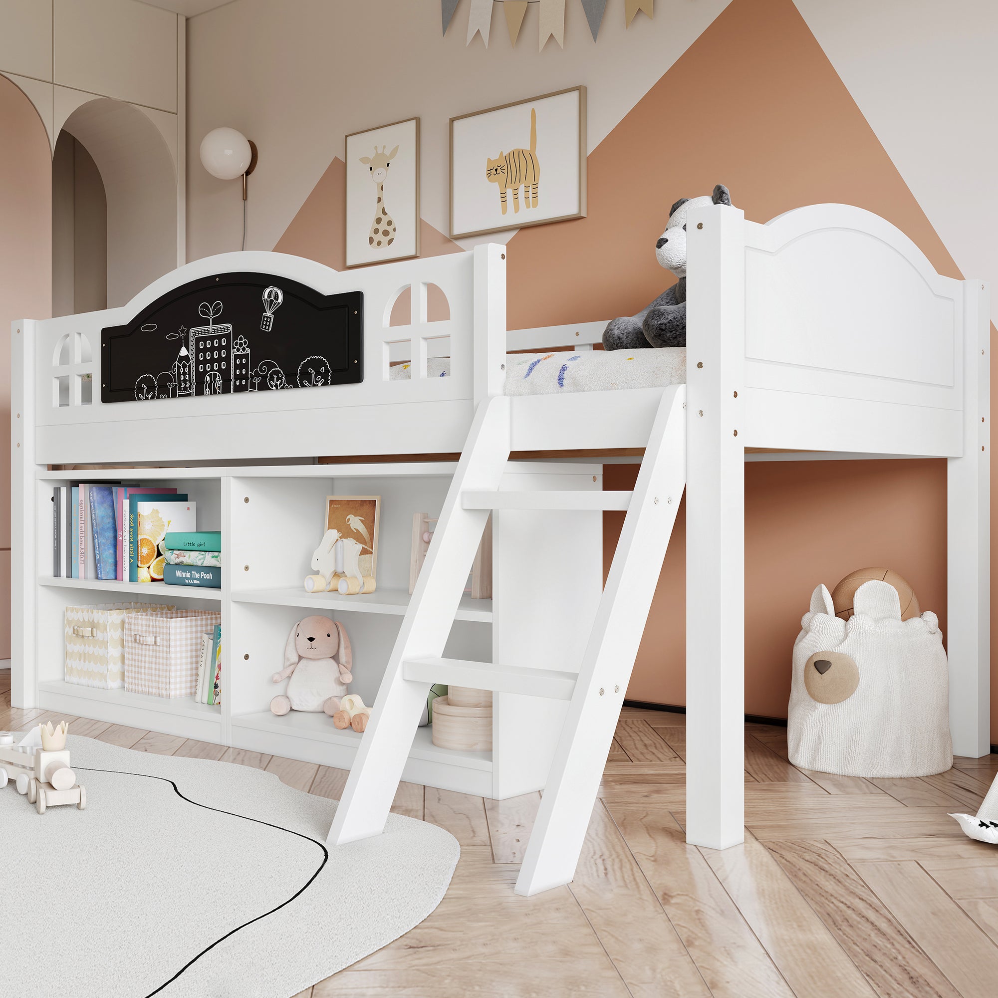 Wooden Bed, Storage Bed, Includes A Blackboard For Graffiti, 3ft Single Bed 90x190cm, Two-step Inclined Staircase, Includes Storage Cabinets, Pine-MDF-PB-Plywood, White