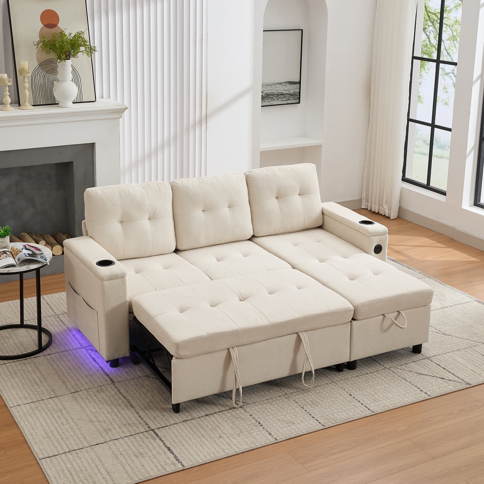L-Shaped Couch Sofa Bed With Storage, 3 Seater Ll Out Sofa Bed With USB, LED Lights, 2cup Holders, Sectional Corner Sofa With 4 Side Pockets For Apartment Living Room, Office, Beige, 208x146x89.5cm