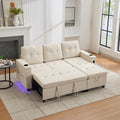 L-Shaped Couch Sofa Bed With Storage, 3 Seater Ll Out Sofa Bed With USB, LED Lights, 2cup Holders, Sectional Corner Sofa With 4 Side Pockets For Apartment Living Room, Office, Beige, 208x146x89.5cm
