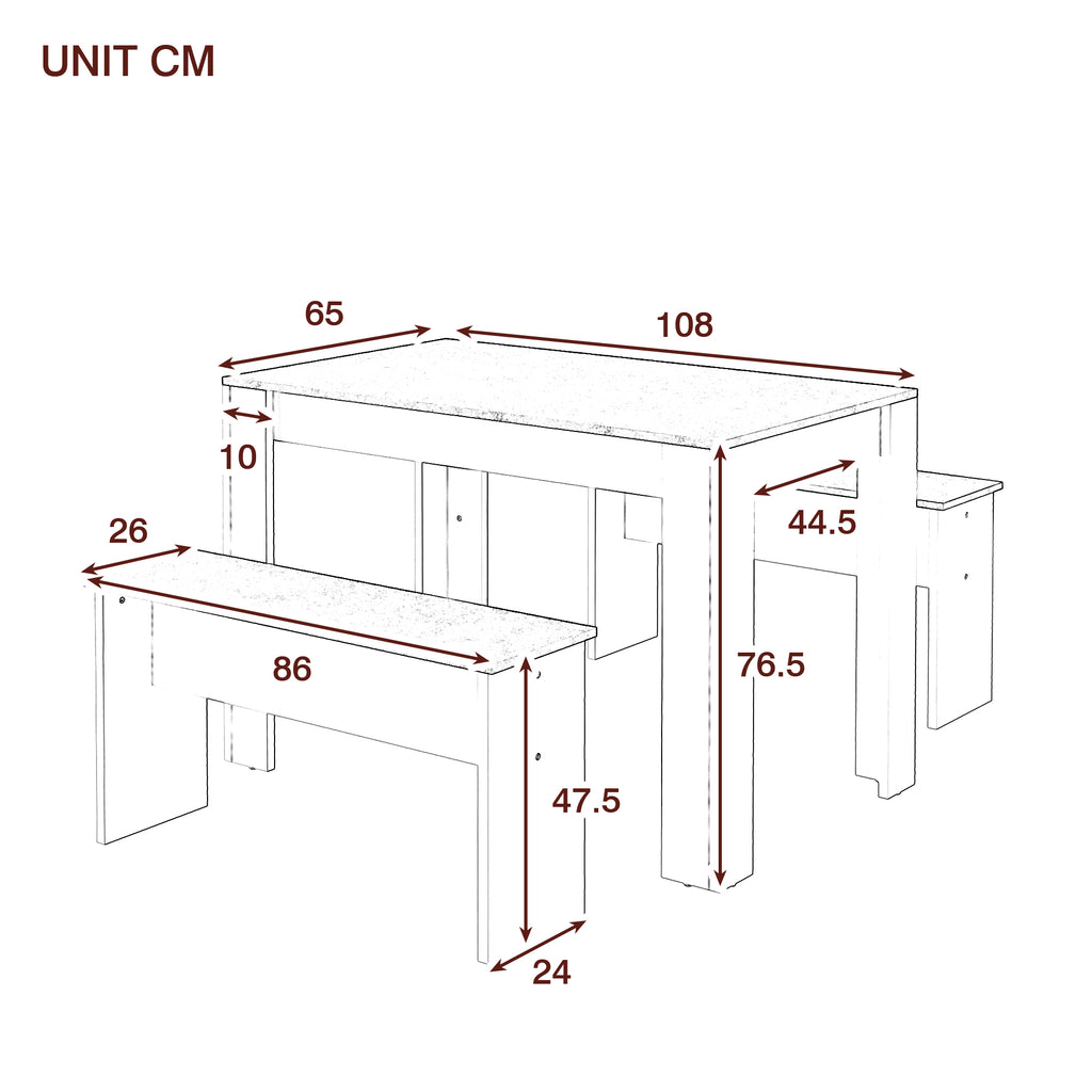 Dining Table With 2 Benches Dining Table Set For Kitchen, Dining Room, Small Space Artificial Marble White