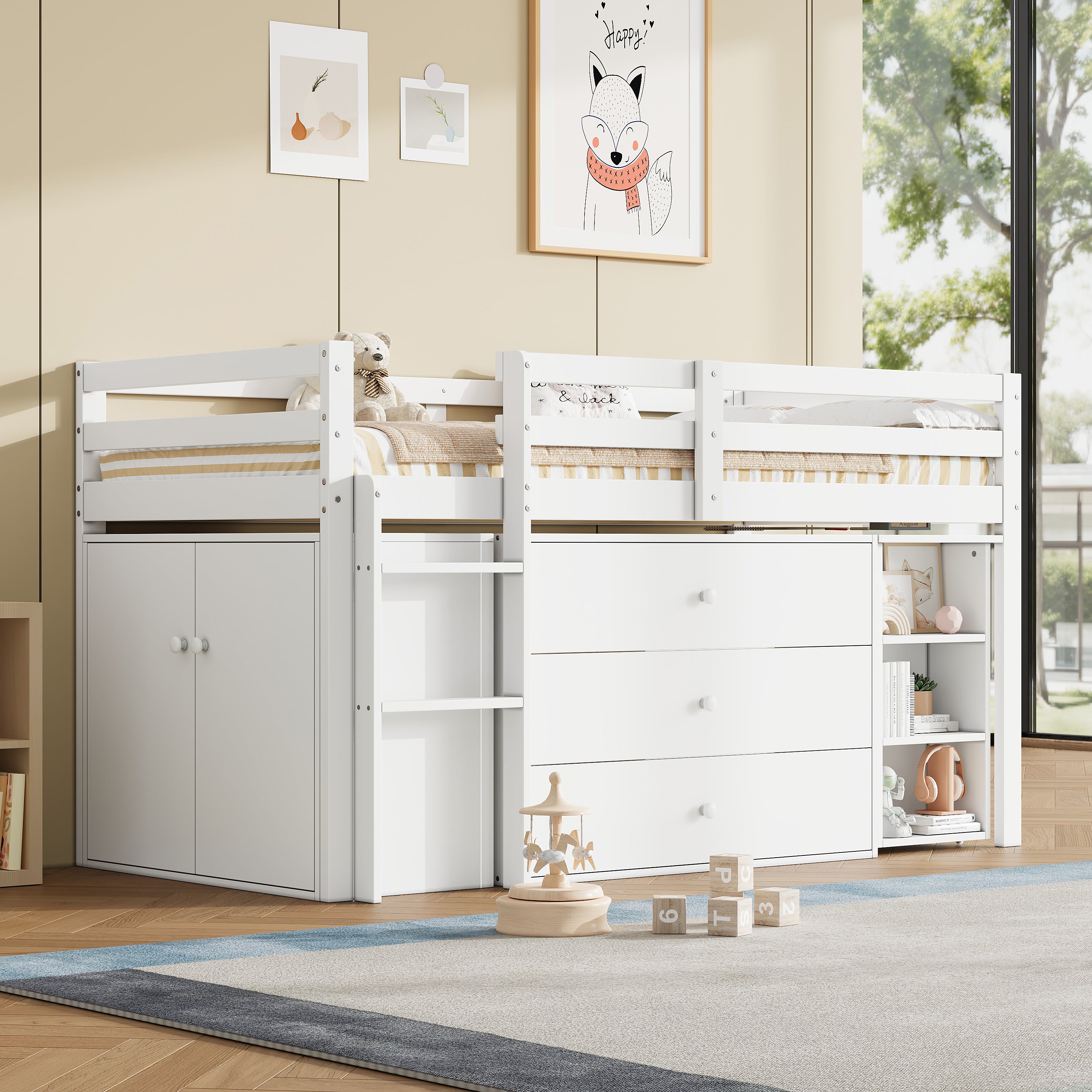 3ft Single Modern Wood Bed With Ll-out Desk, Wooden Children's Cabin Bed With 3 Drawers, Storage Cabinet & Shelves, Flexible Two-way Installation, Space-saving Loft Bed, White No Mattress