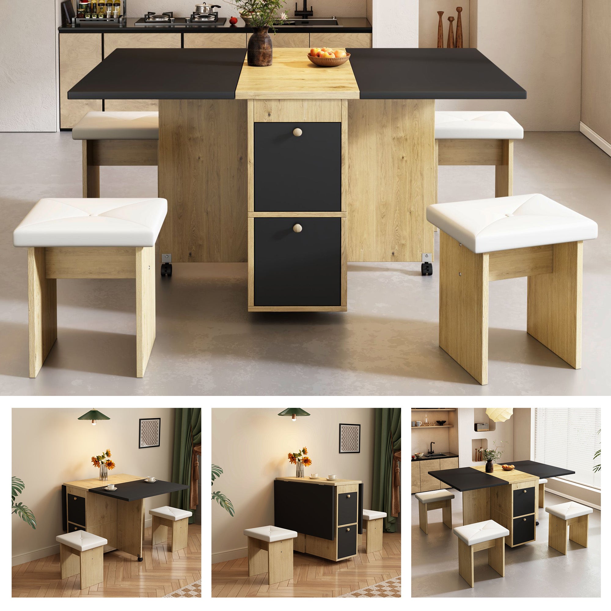 Dining Table Set With Dining Table, 4 Chairs, Folding Dining Table, 120x80x75cm, Extendable Dining Table, Multifunctional Extendable Dining Table, Dining Chairs, White -Oak - Black