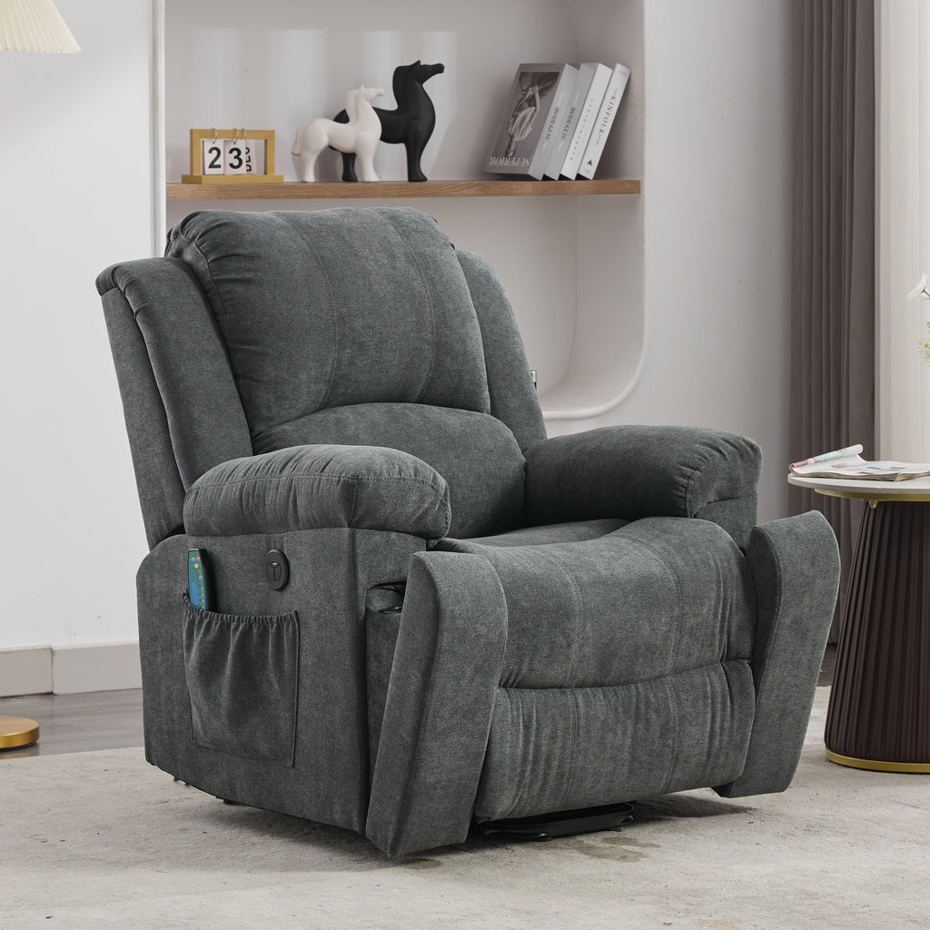Power Massage Lift Recliner Chair With Heat & Vibration For Elderly, Heavy Duty And Safety Motion Reclining Mechanism Fabric Sofa With Storage Pockets, Cup Holders