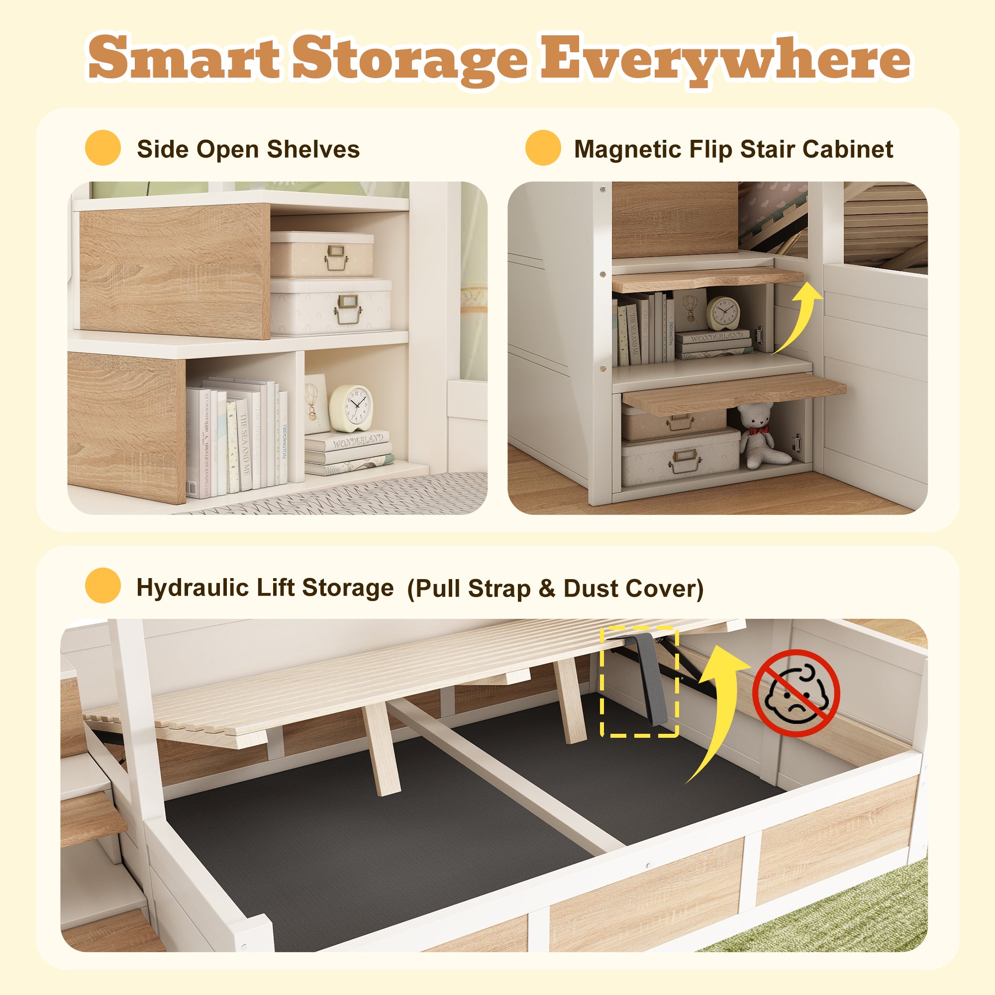 Bunk Beds For Kids, Staircase Bunk With Hydraulic Storage, Childrens Bed With Storage Cube, Double Bunk Bed For Family With Multiple Children, 90-135 X 190 Cm, Solid Wood, White  Natural