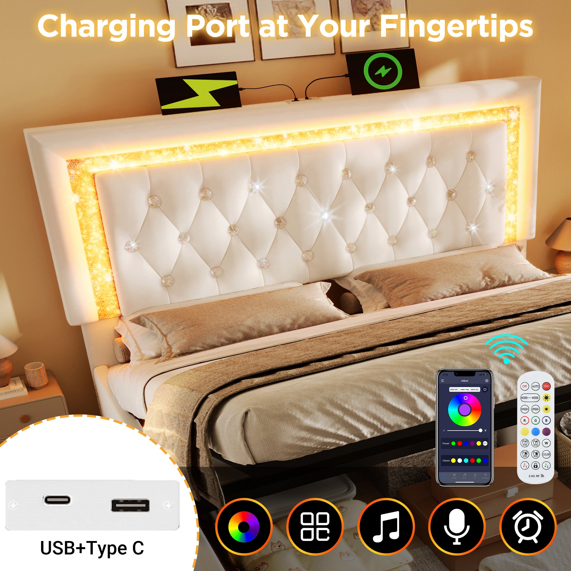 Upholstered Bed 135 X 190 Cm With LED Lighting, USB Type-C Charging, 4ft6 Hydraulic Storage Bed With Adjustable Diamond Tufted Headboard, Velvet, Beige No Mattress