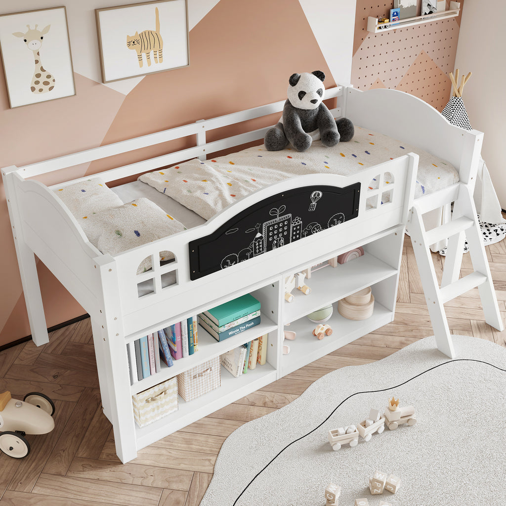 Wooden Bed, Storage Bed, Includes A Blackboard For Graffiti, 3ft Single Bed 90x190cm, Two-step Inclined Staircase, Includes Storage Cabinets, Pine-MDF-PB-Plywood, White