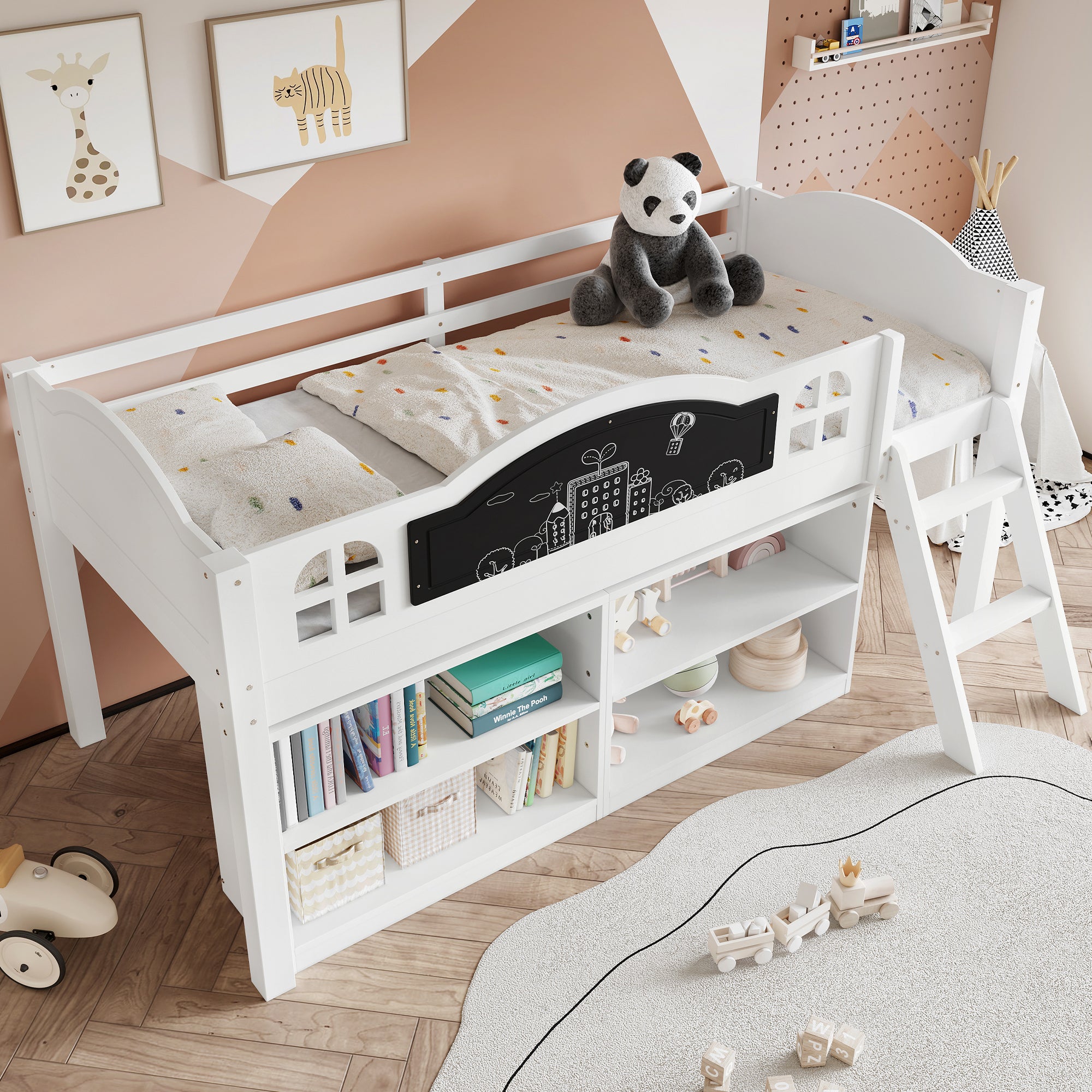 Wooden Bed, Storage Bed, Includes A Blackboard For Graffiti, 3ft Single Bed 90x190cm, Two-step Inclined Staircase, Includes Storage Cabinets, Pine-MDF-PB-Plywood, White