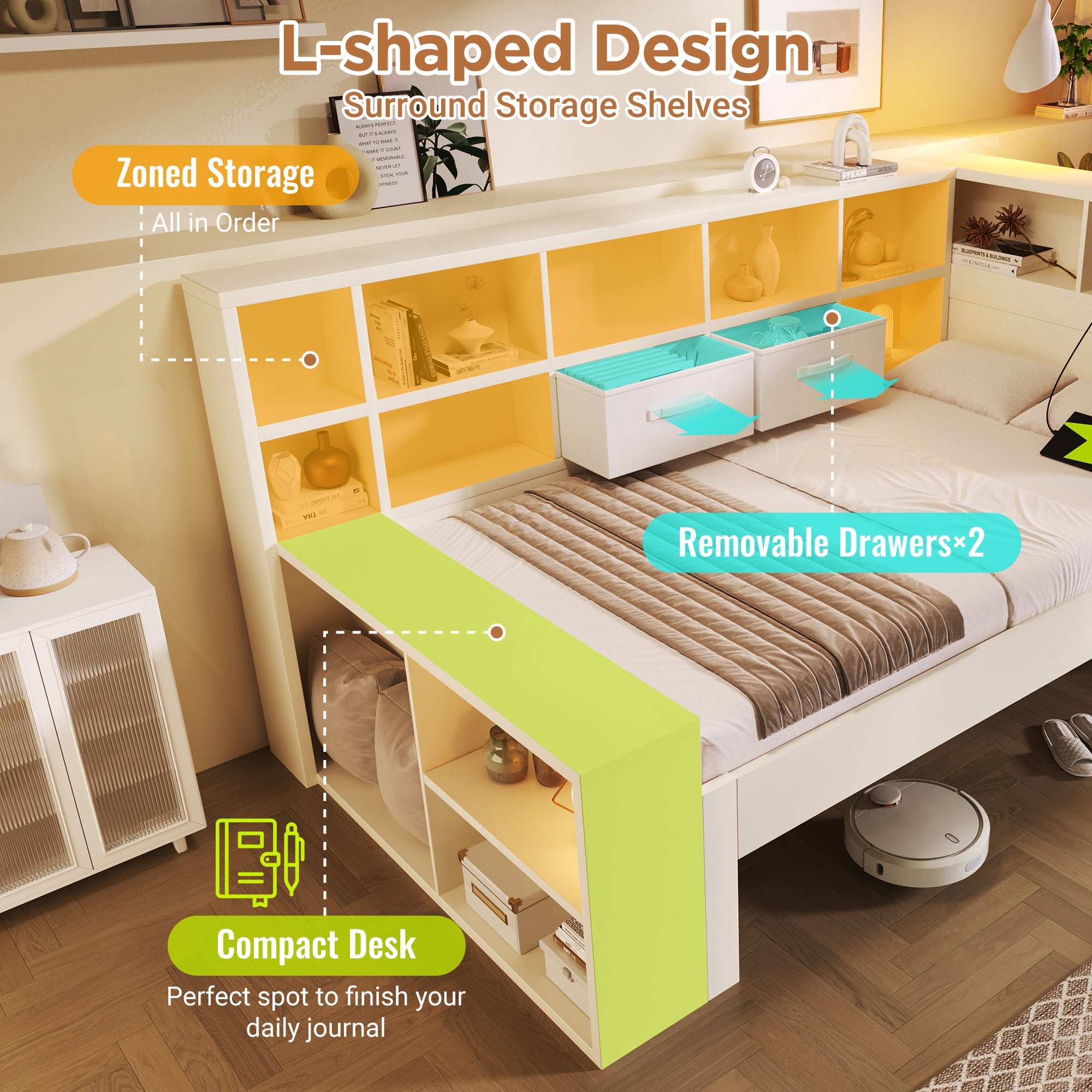 Single Daybed With Storage  USB Type C Port, 3FT Platform Bed With Bookcase, 90 X190 Cm Multi-functional Wooden Bed Frame For Living Room Bedroom, White No Mattress