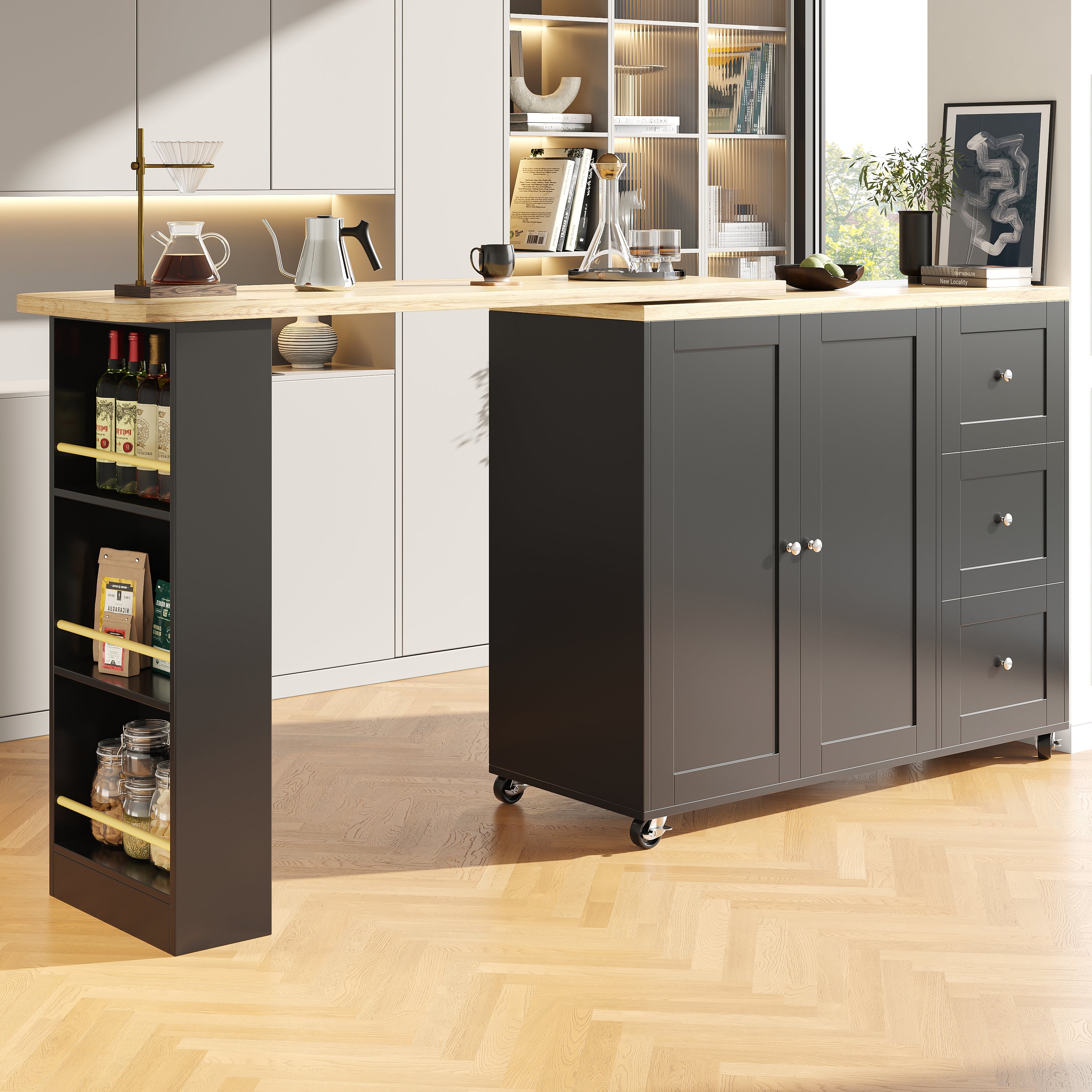 360 Swivelling Dining Table 138-209 X 39 X 106 Cm On Castors, Bar Table, Black, With Three Drawers And Snack Rack, Multifunctional Storage Island, Suitable For Kitchen And Living Room.