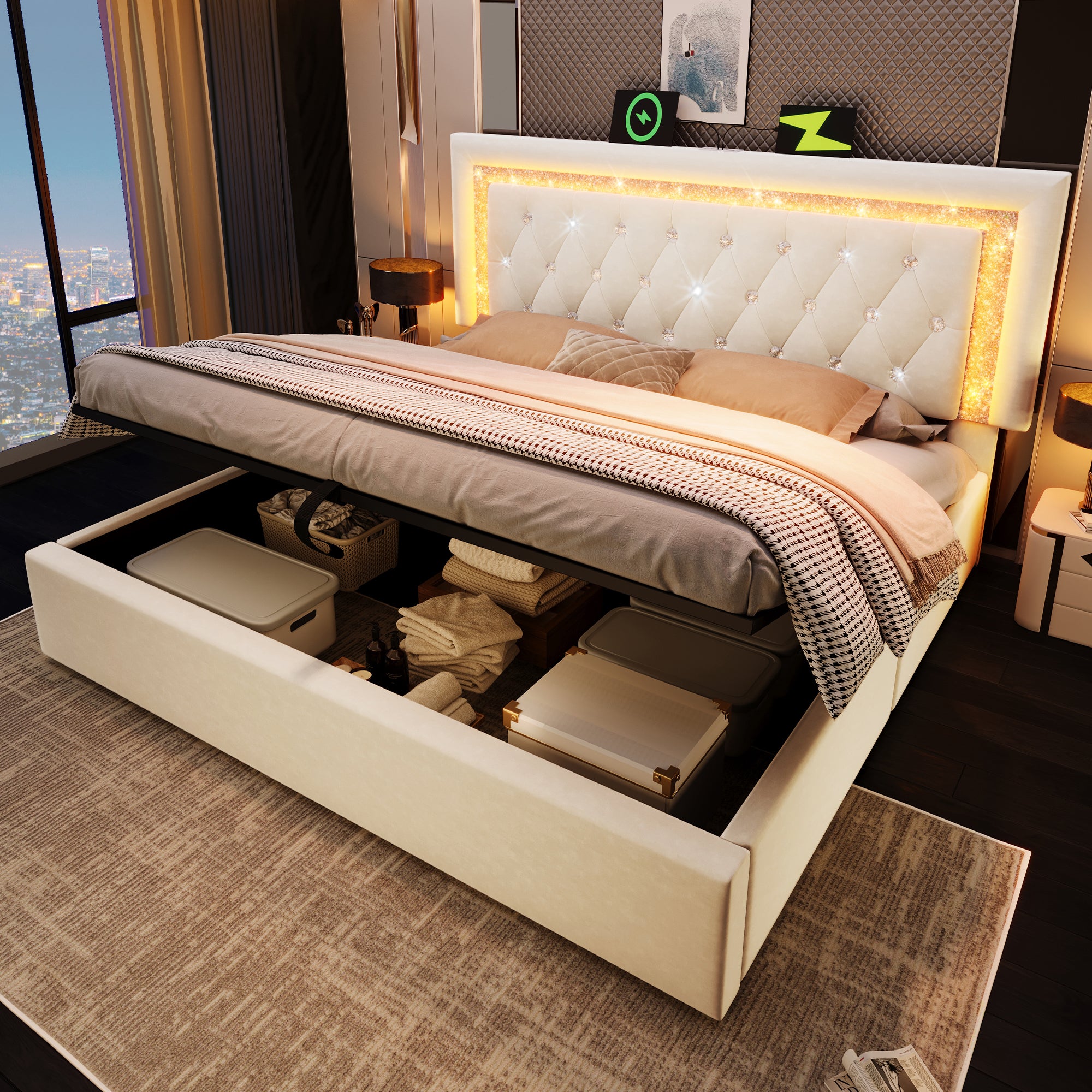 Upholstered Bed 135 X 190 Cm With LED Lighting, USB Type-C Charging, 4ft6 Hydraulic Storage Bed With Adjustable Diamond Tufted Headboard, Velvet, Beige No Mattress