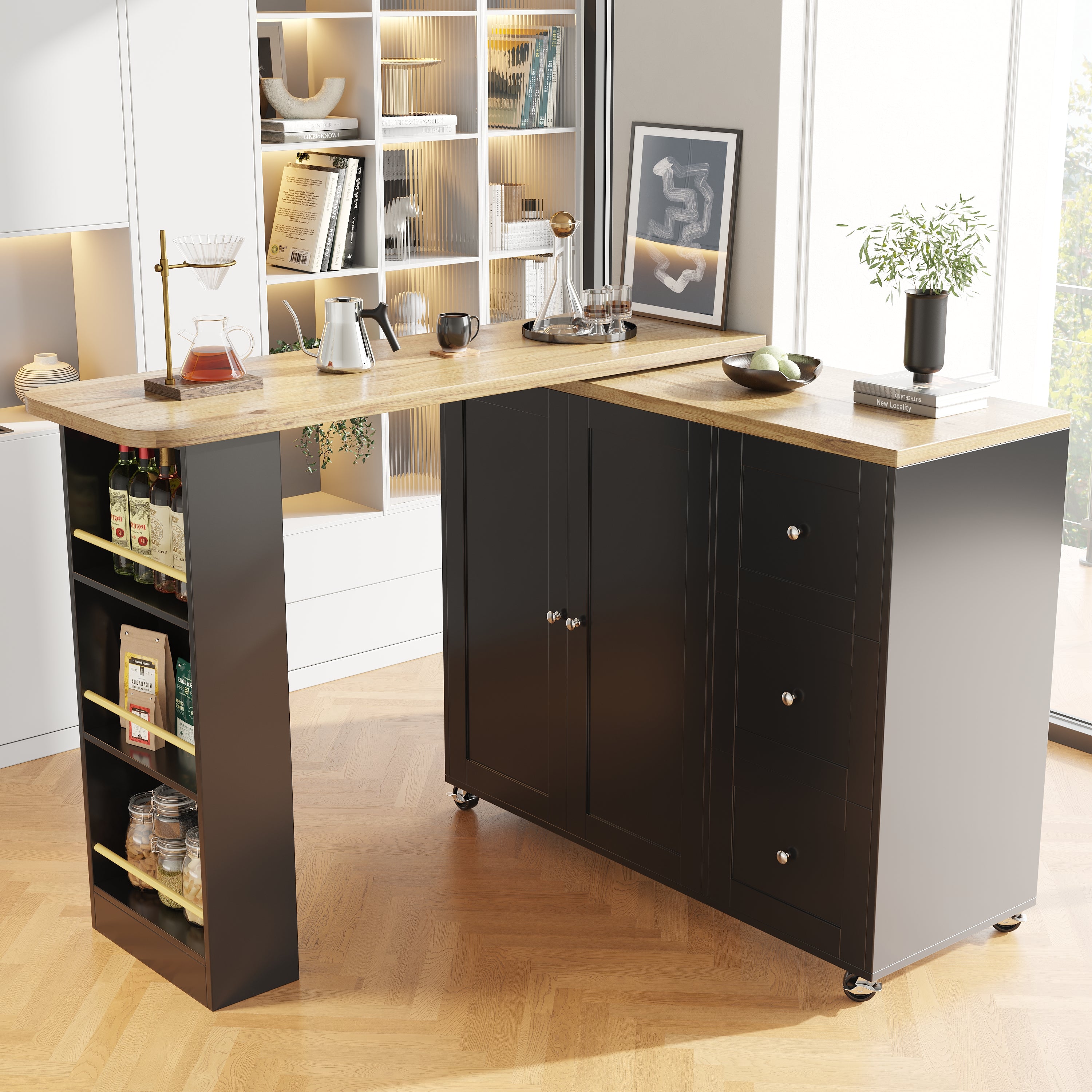 360 Swivelling Dining Table 138-209 X 39 X 106 Cm On Castors, Bar Table, Black, With Three Drawers And Snack Rack, Multifunctional Storage Island, Suitable For Kitchen And Living Room.