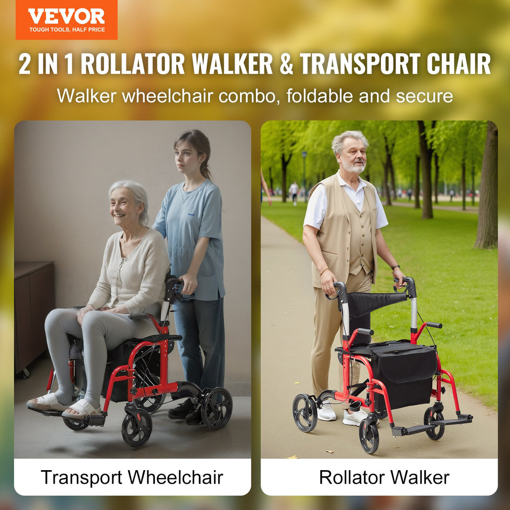 2 In 1 Rollator Walker & Transport Chair For Seniors, Folding Rolling Walker Wheelchair Combo & Footrests, Lightweight Aluminum Mobility Walker With Adjustable Handle, All Terrain Wheels, 136 Kg