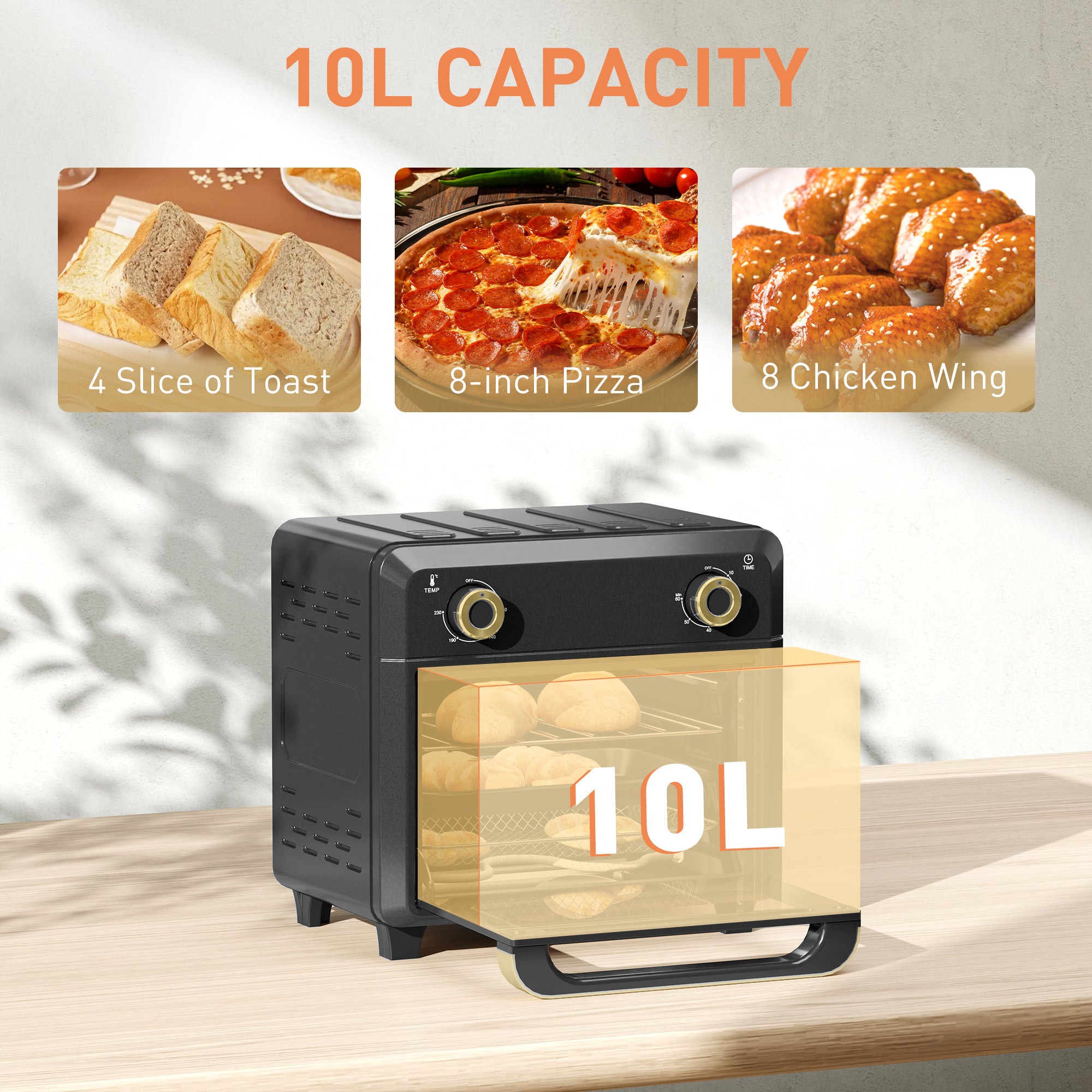 10L Air Fryer Oven, Mini Oven, Oil Free Cooking, Grill, Roast, Bake, With Adjustable Temperature, Timer, Dishwasher Safe, 1000W, Black