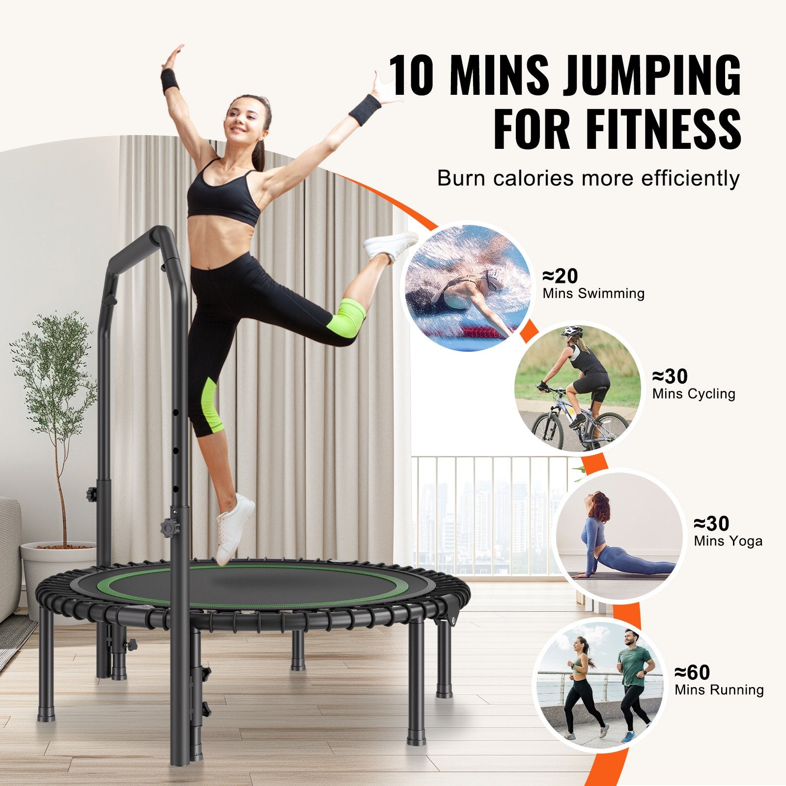 Foldable Mini Trampoline  40 Inch Fitness Rebounder  Max Load 330lbs Exercise Trampoline, Stable & Quiet Trampoline With 4 Level Height Adjustable Foam Handle, For Adults Indoor-Garden Workout