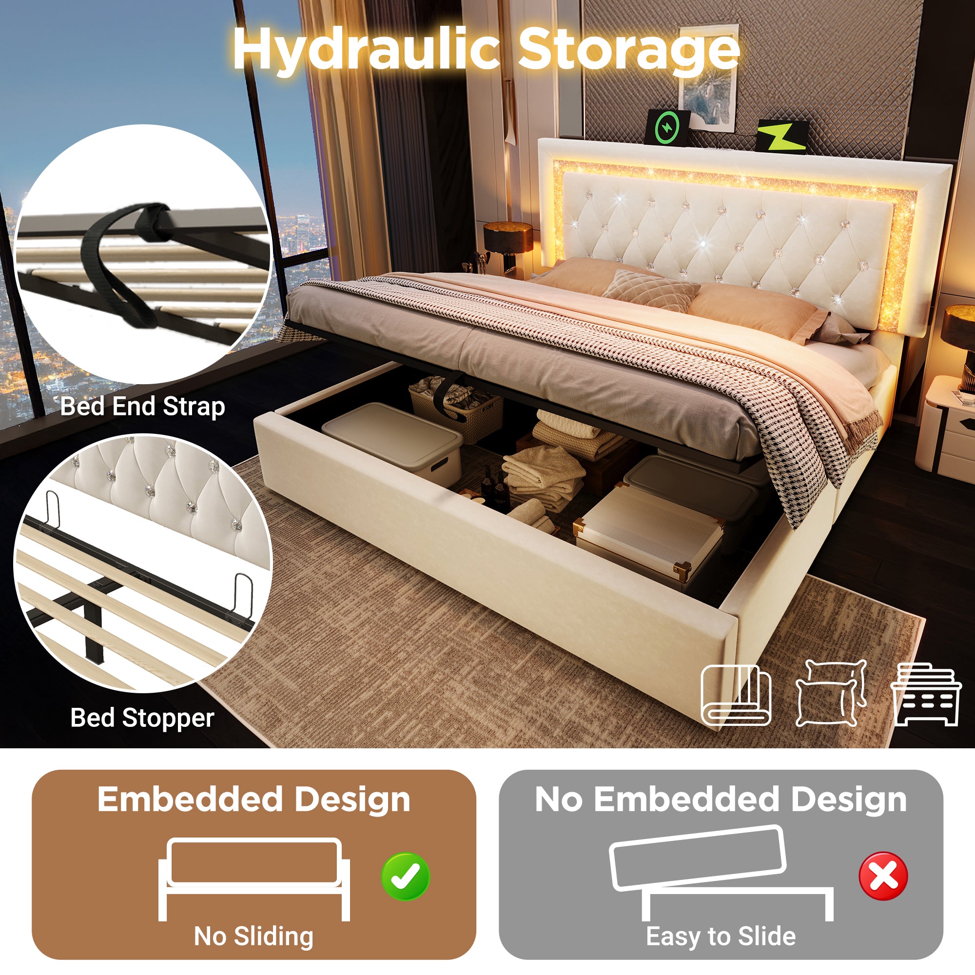 Upholstered Bed 135 X 190 Cm With LED Lighting, USB Type-C Charging, 4ft6 Hydraulic Storage Bed With Adjustable Diamond Tufted Headboard, Velvet, Beige No Mattress